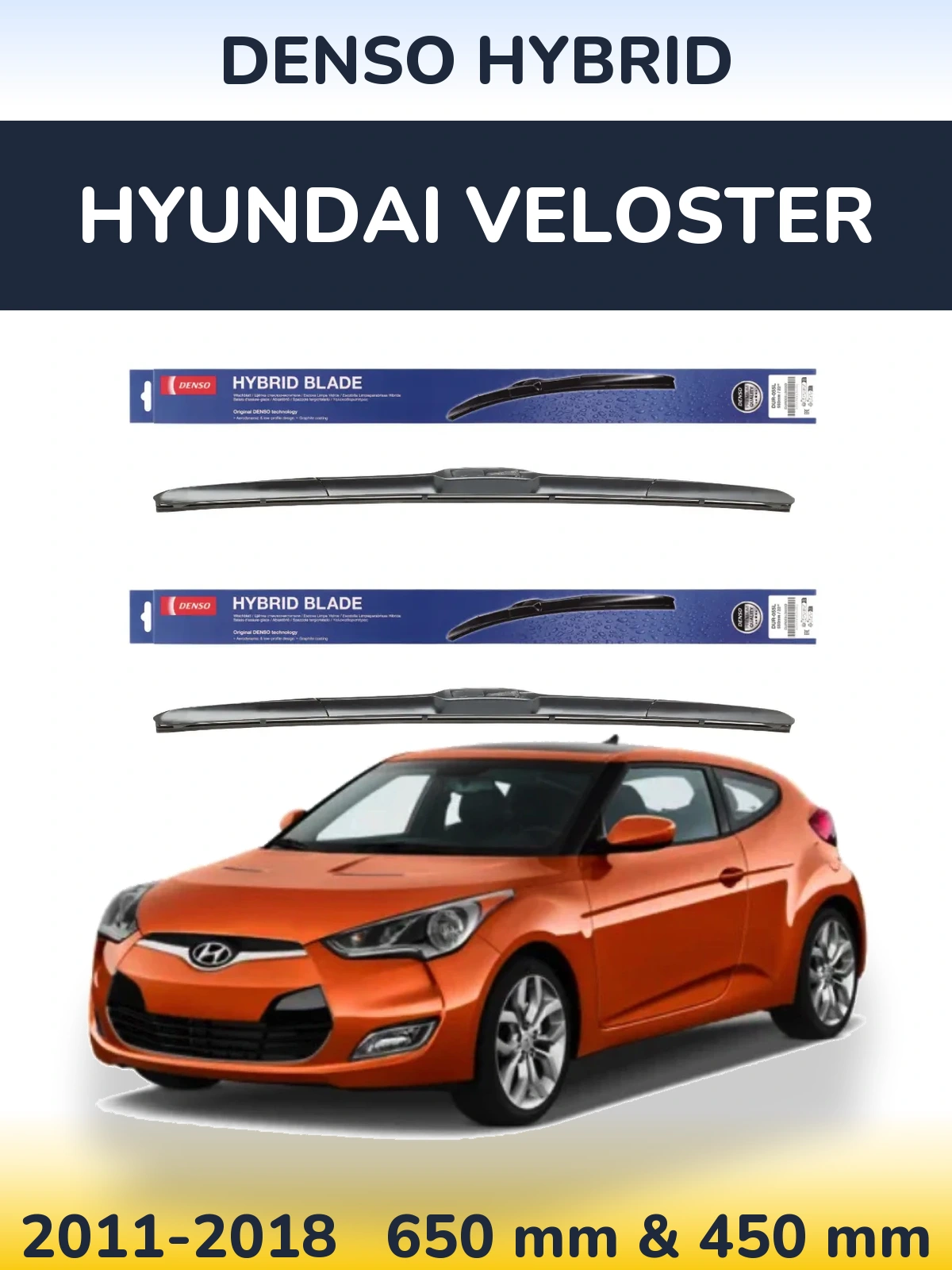 Sada předních stěračů Denso Hybrid 650 a 450 mm pro Hyundai Veloster 2011-2018