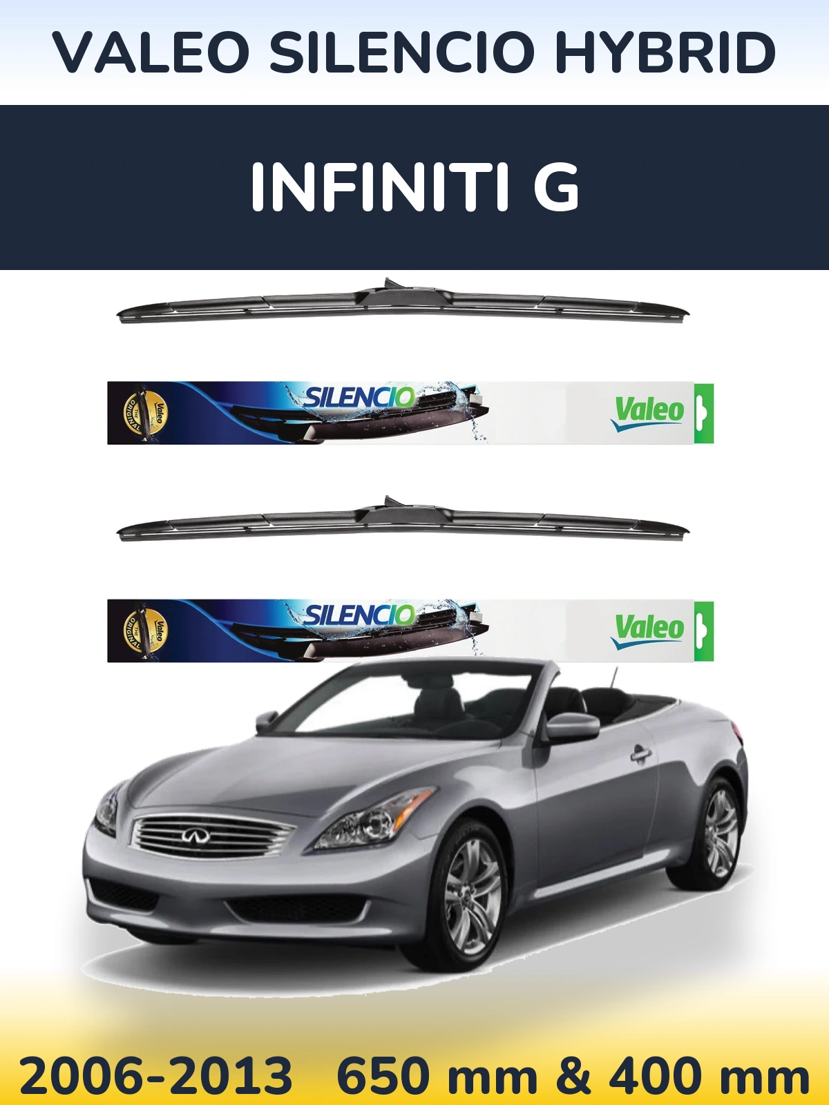 Sada předních stěračů Valeo Silencio Hybrid 650 a 400 mm pro Infiniti G 2006-2013