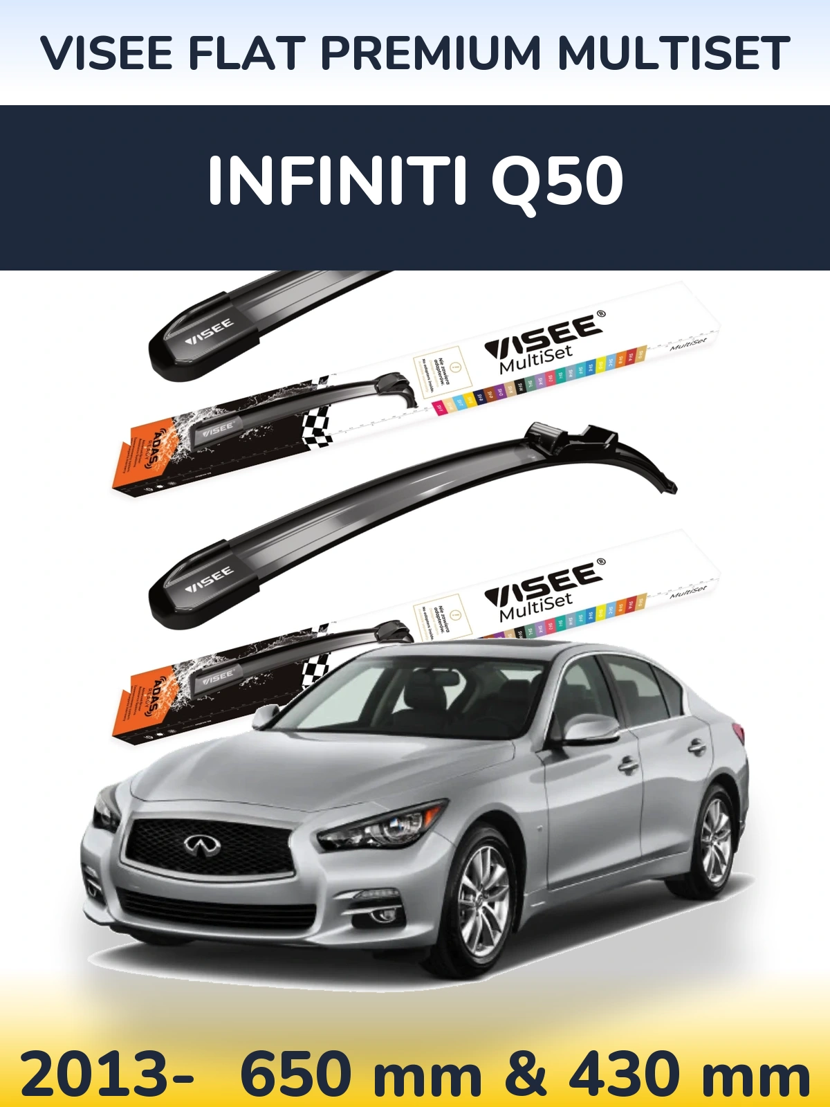 Комплект передніх щіток VISEE FLAT PREMIUM MultiSet 650 & 430 мм для Infiniti Q50 2013-2026