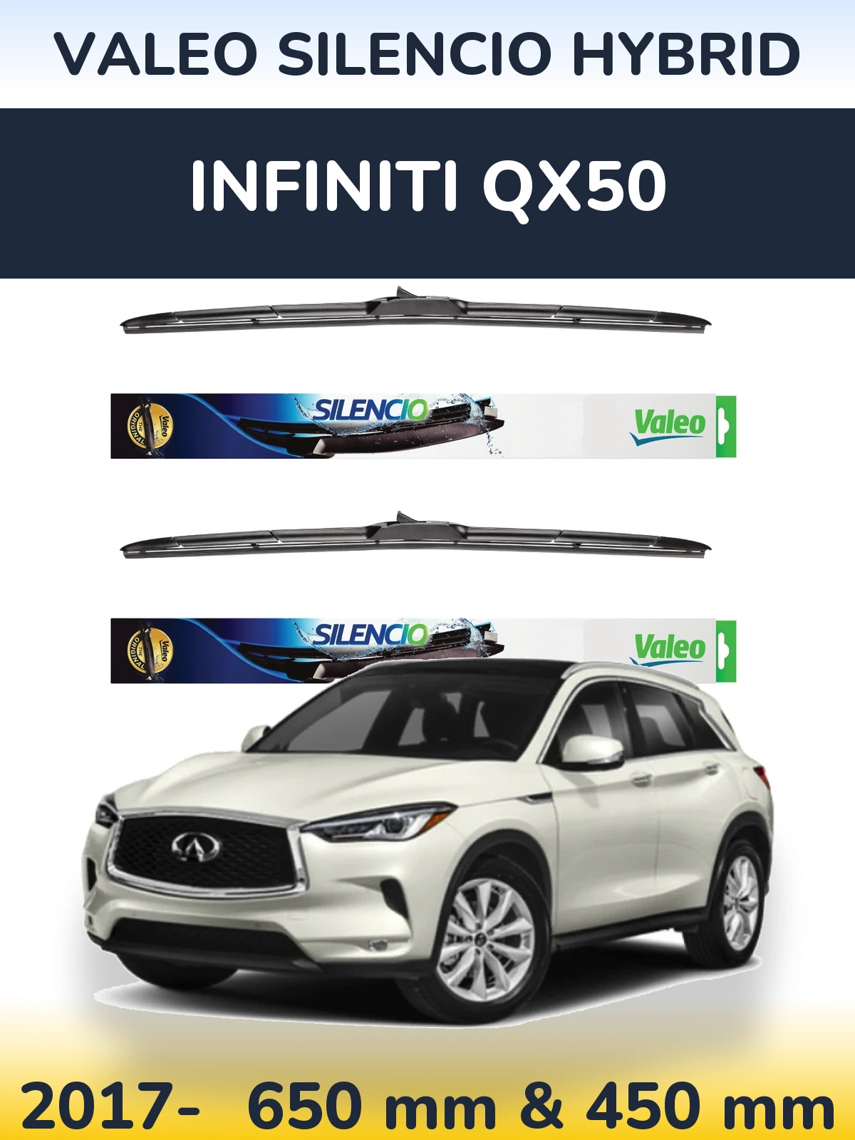Sada předních stěračů Valeo Silencio Hybrid 650 a 450 mm pro Infiniti QX50 2017-2026