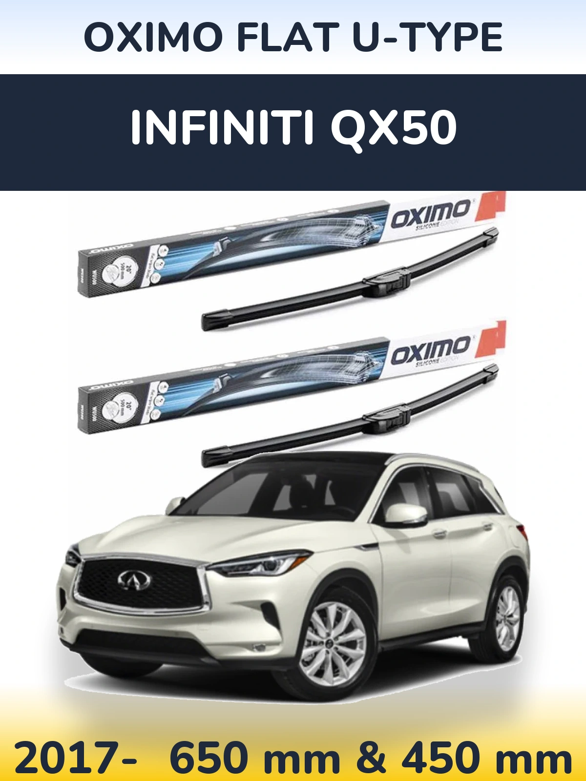 Sada předních stěračů Oximo Flat U-type 650 a 450 mm pro Infiniti QX50 2017-2026