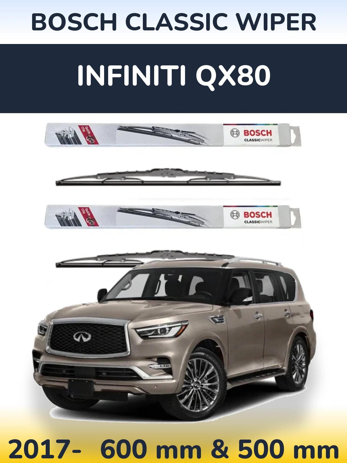 Sada předních stěračů BOSCH Classic Wiper 600 a 500 mm pro Infiniti QX80 2017-2026