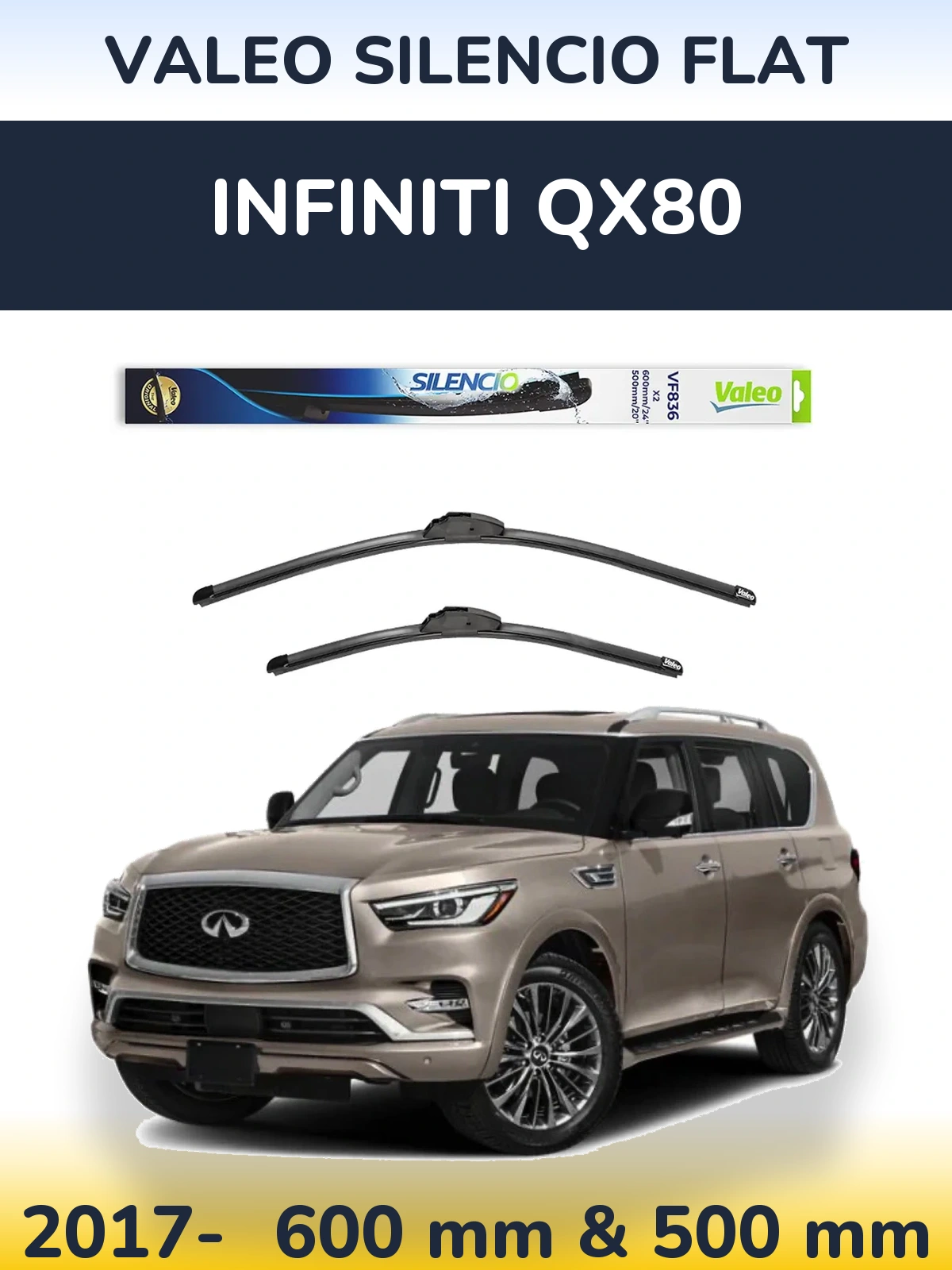 Sada předních stěračů Valeo Silencio Flat 600 a 500 mm pro Infiniti QX80 2017-2026