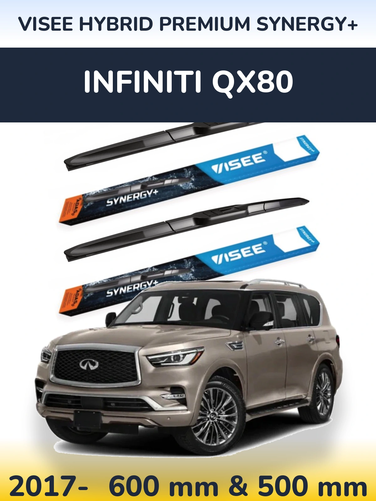Комплект передніх щіток VISEE HYBRID PREMIUM SYNERGY+ 600 & 500 мм для Infiniti QX80 2017-2026