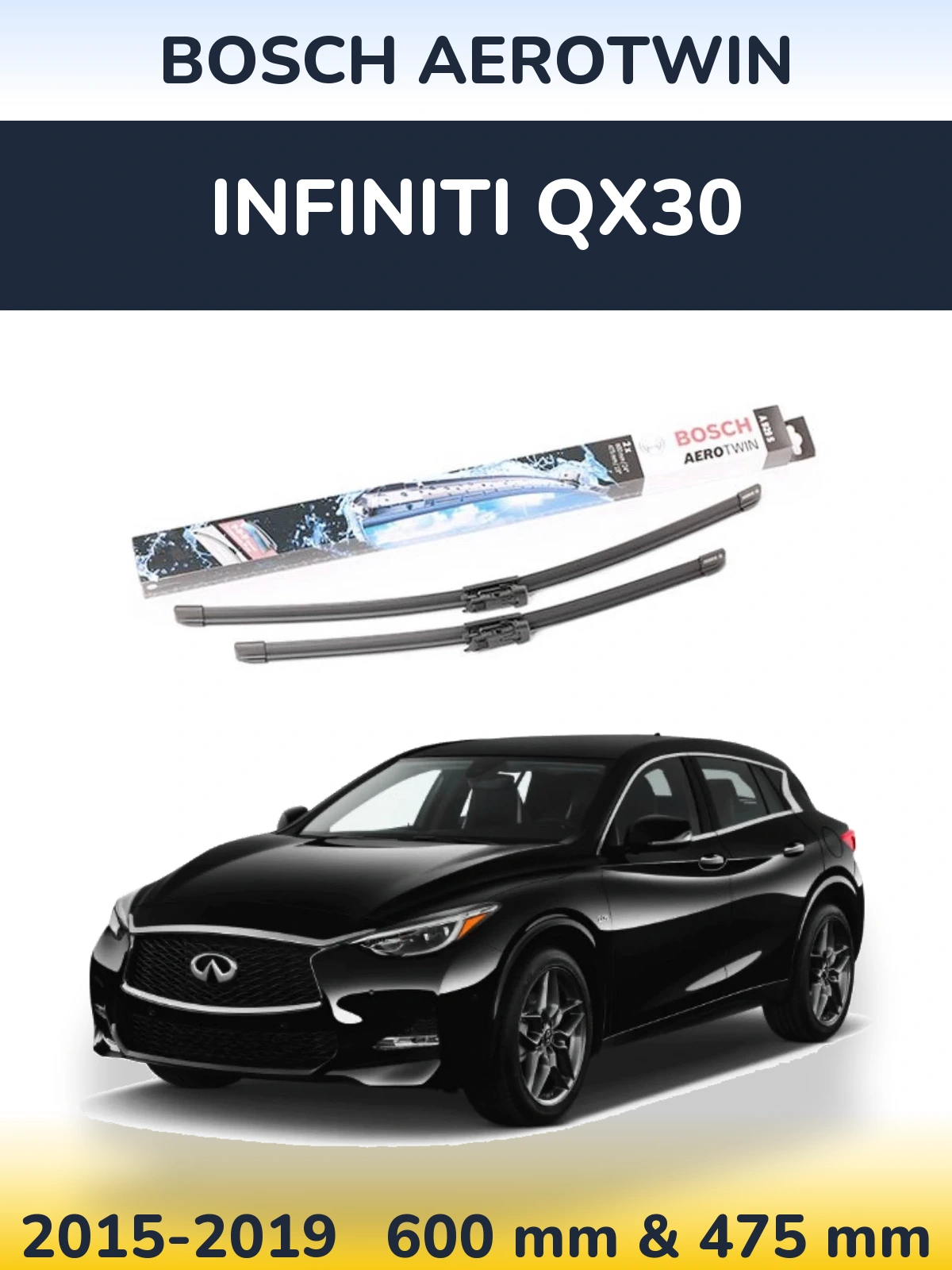Sada předních stěračů BOSCH AeroTwin 600 a 475 mm pro Infiniti QX30 2015-2019
