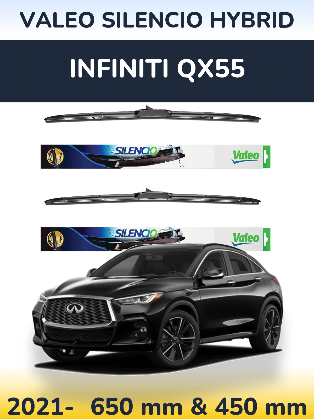 Sada předních stěračů Valeo Silencio Hybrid 650 a 450 mm pro Infiniti QX55 2021-2026
