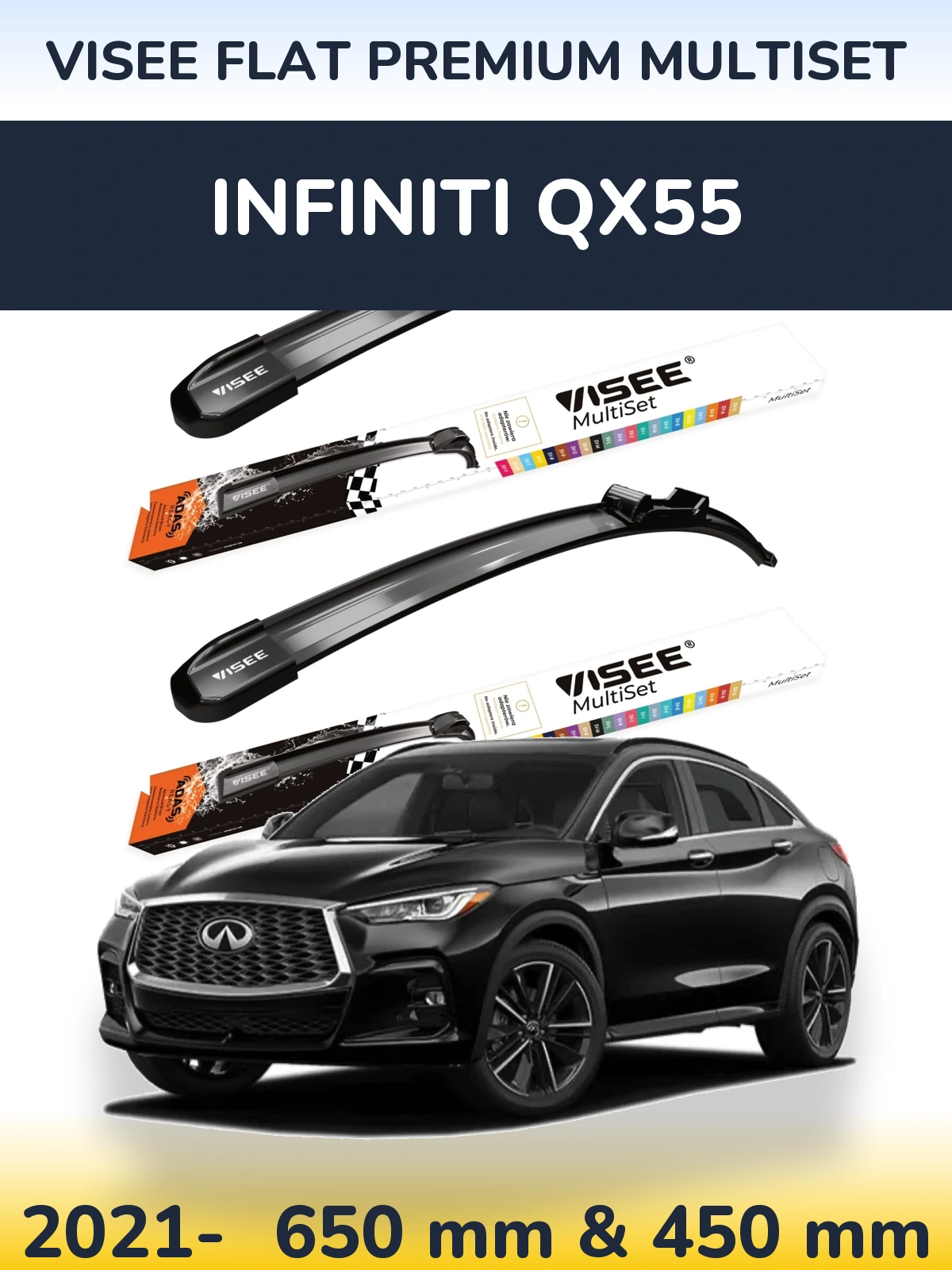 Комплект передніх щіток VISEE FLAT PREMIUM MultiSet 650 & 450 мм для Infiniti QX55 2021-2026