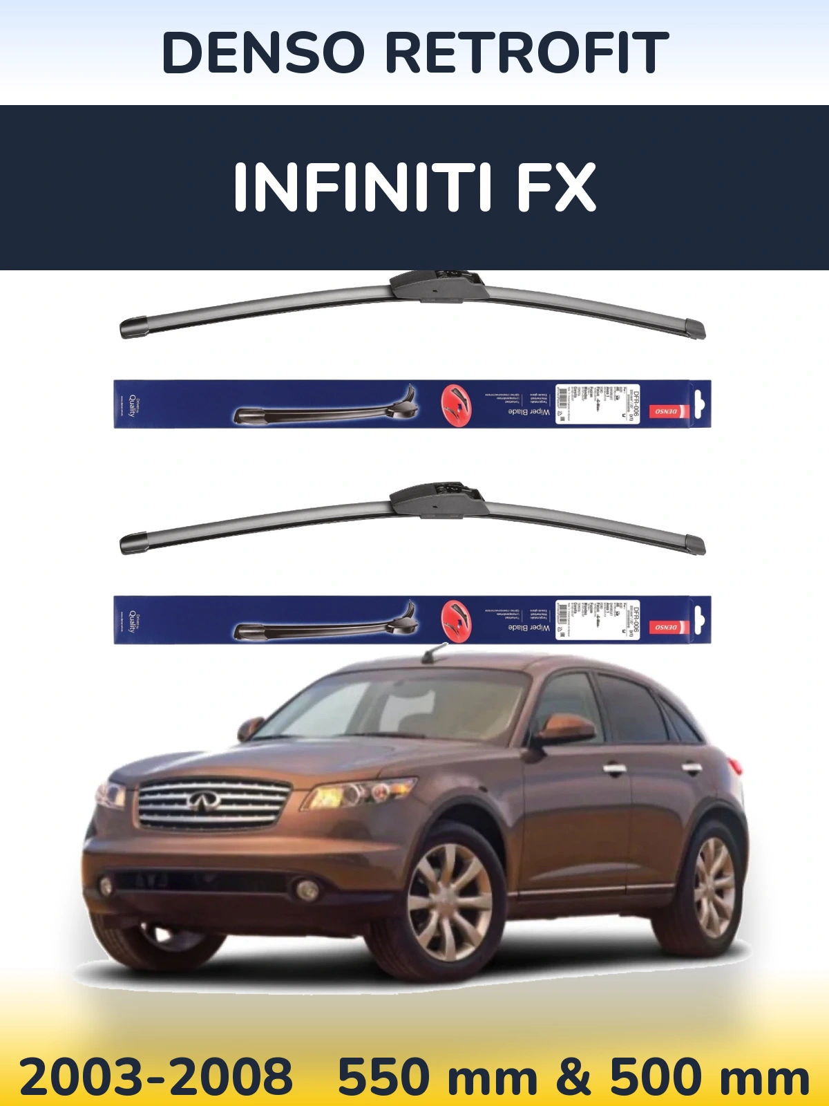 Sada předních stěračů Denso Retrofit 550 a 500 mm pro Infiniti FX 2003-2008