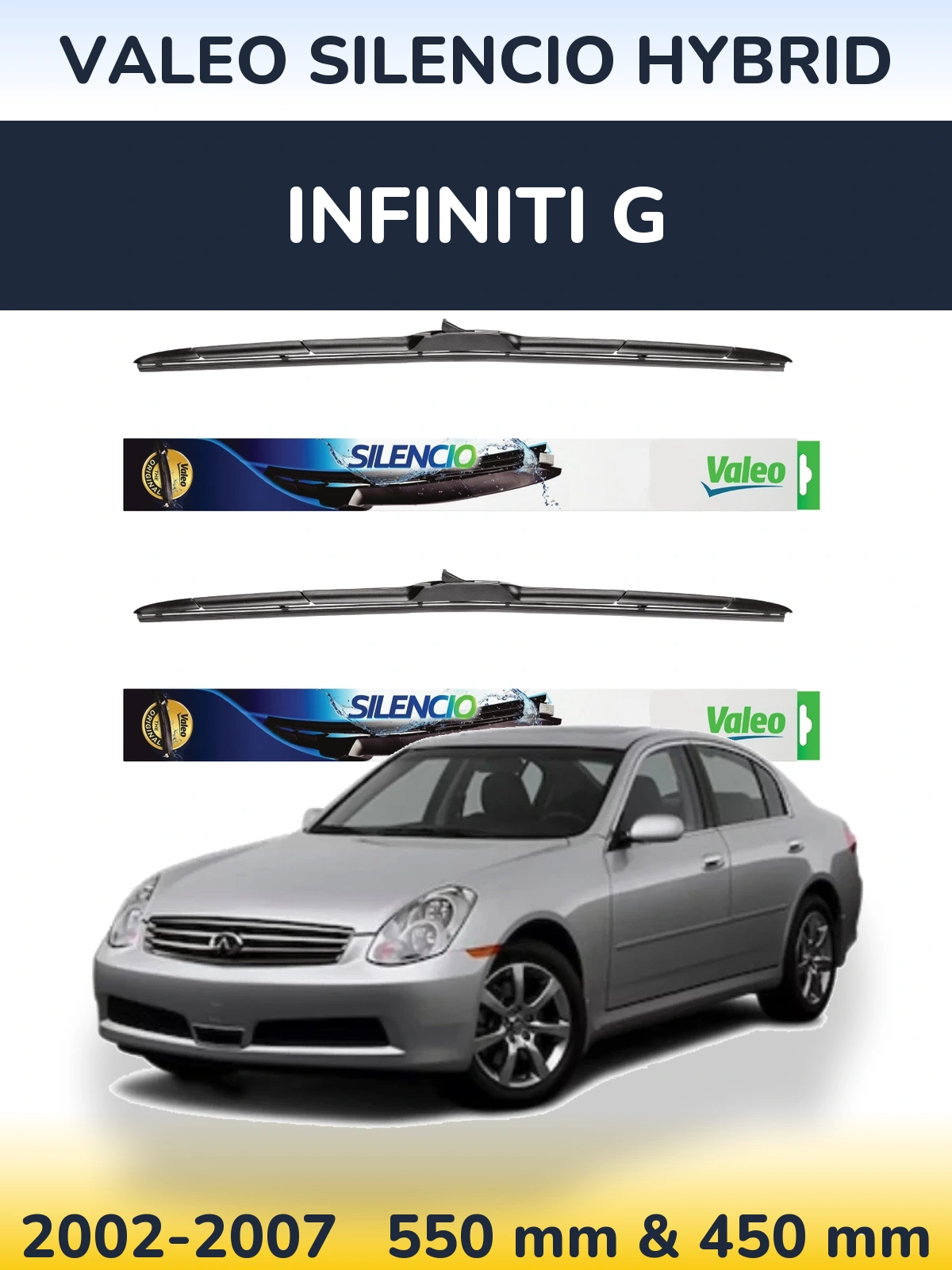 Sada předních stěračů Valeo Silencio Hybrid 550 a 450 mm pro Infiniti G 2002-2007