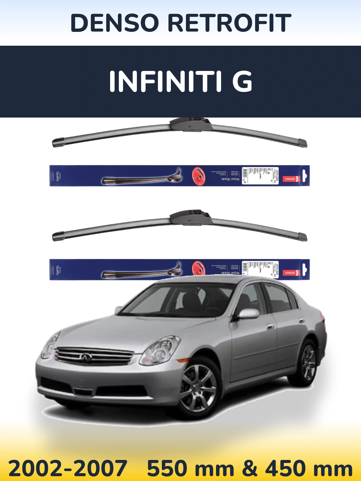 Sada předních stěračů Denso Retrofit 550 a 450 mm pro Infiniti G 2002-2007