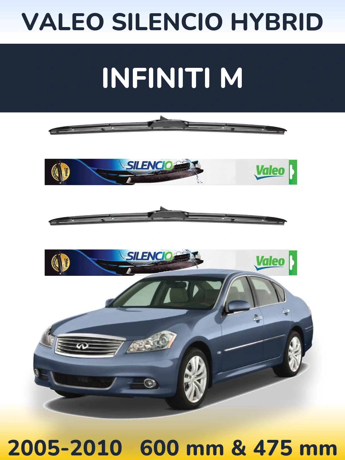 Sada předních stěračů Valeo Silencio Hybrid 600 a 475 mm pro Infiniti M 2005-2010