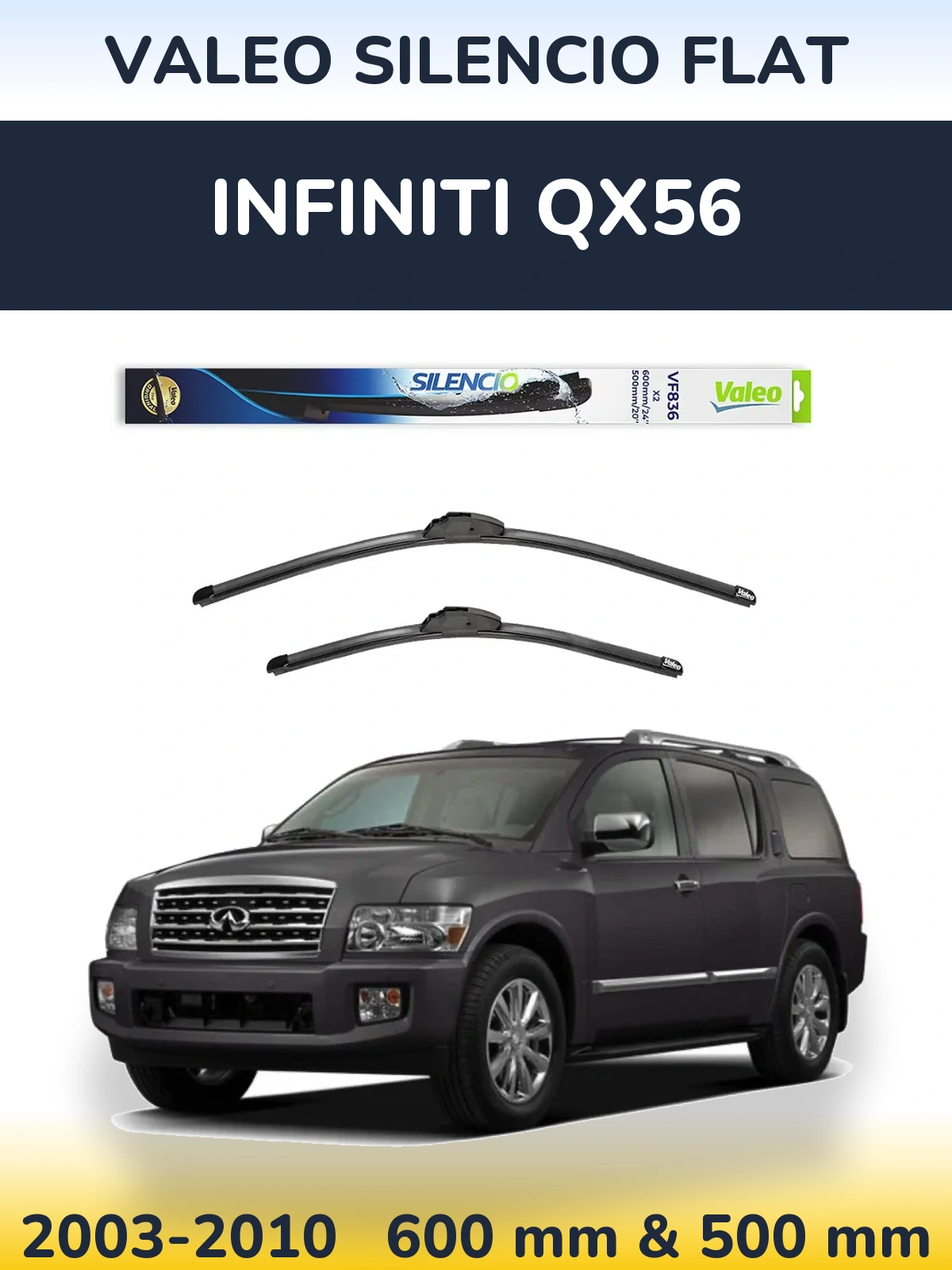 Sada předních stěračů Valeo Silencio Flat 600 a 500 mm pro Infiniti QX56 2003-2010