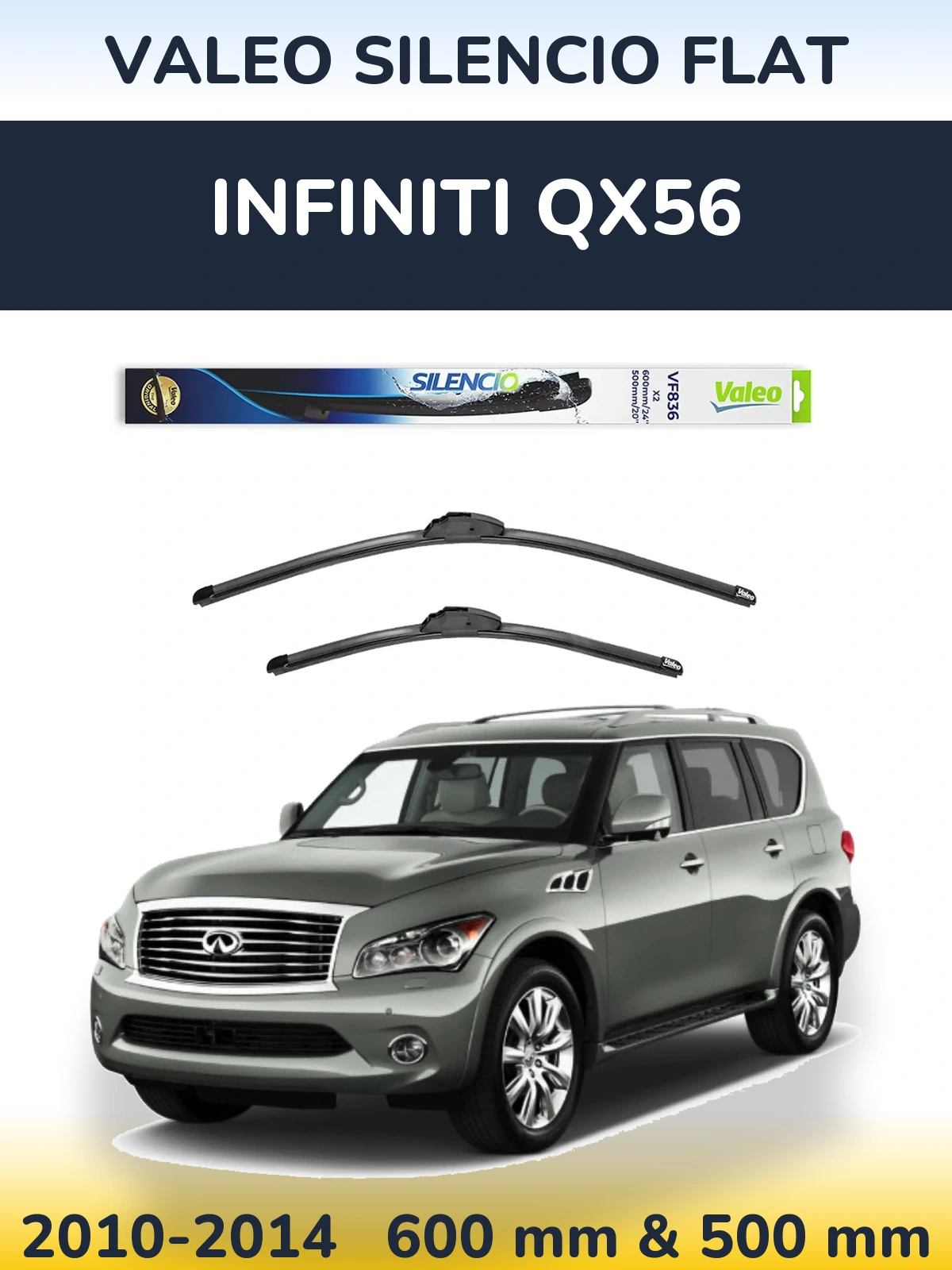 Sada předních stěračů Valeo Silencio Flat 600 a 500 mm pro Infiniti QX56 2010-2014