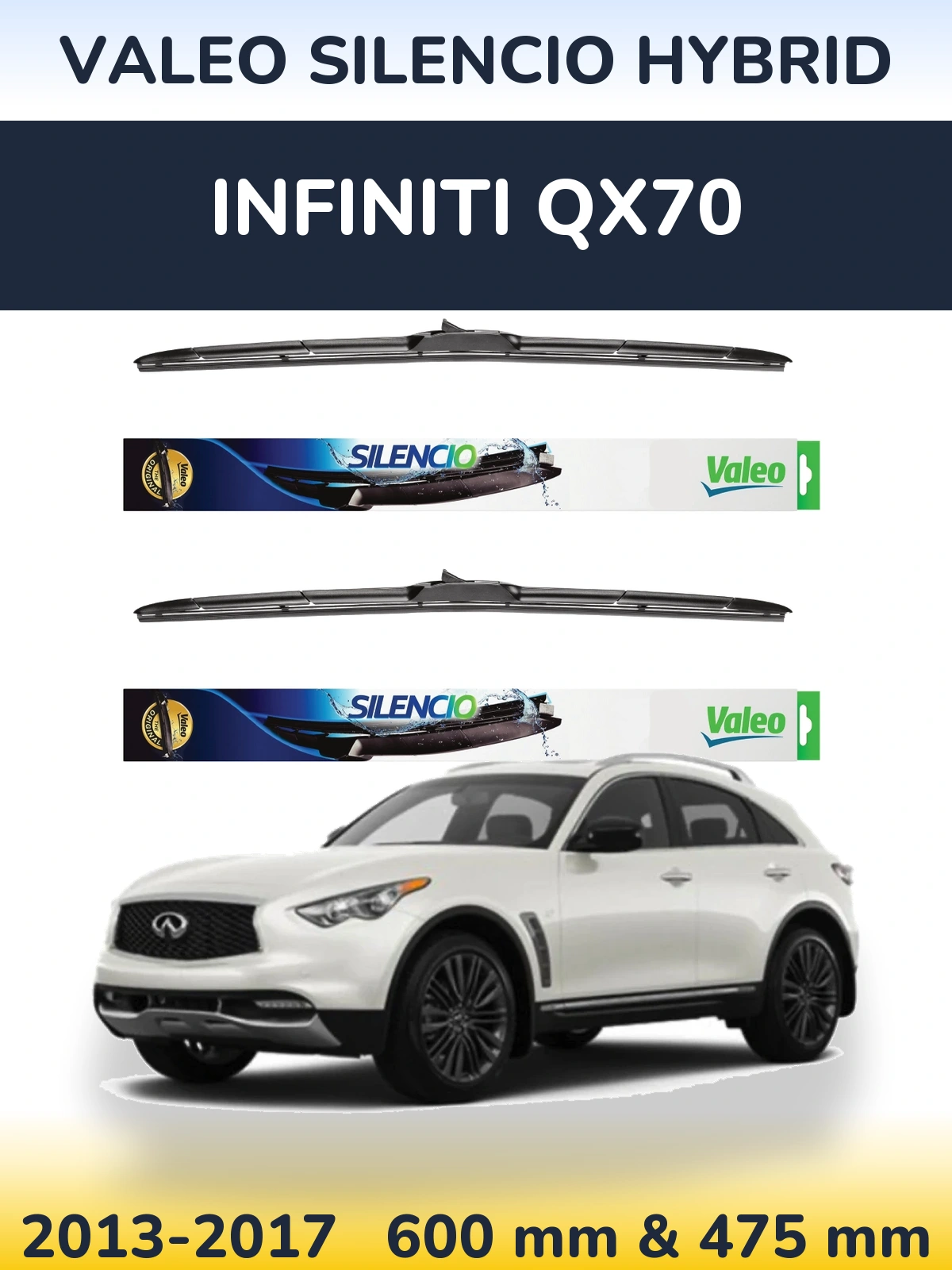 Sada předních stěračů Valeo Silencio Hybrid 600 a 475 mm pro Infiniti QX70 2013-2017