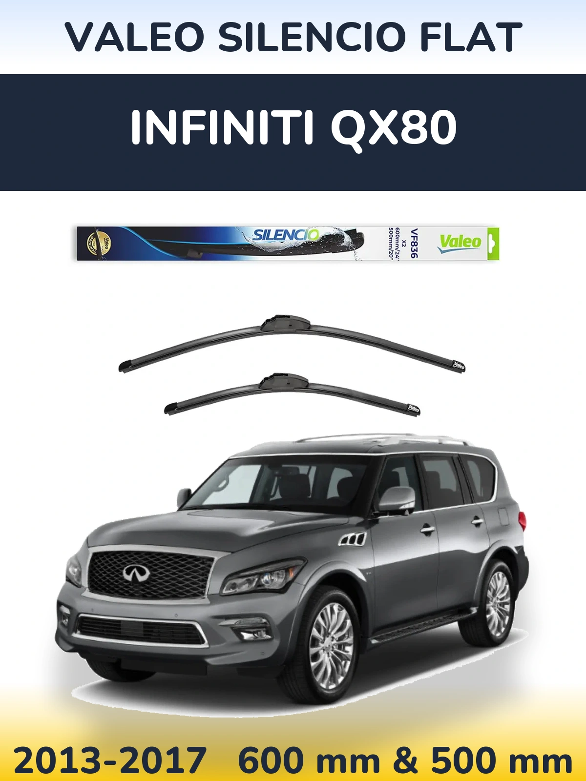 Sada předních stěračů Valeo Silencio Flat 600 a 500 mm pro Infiniti QX80 2013-2017