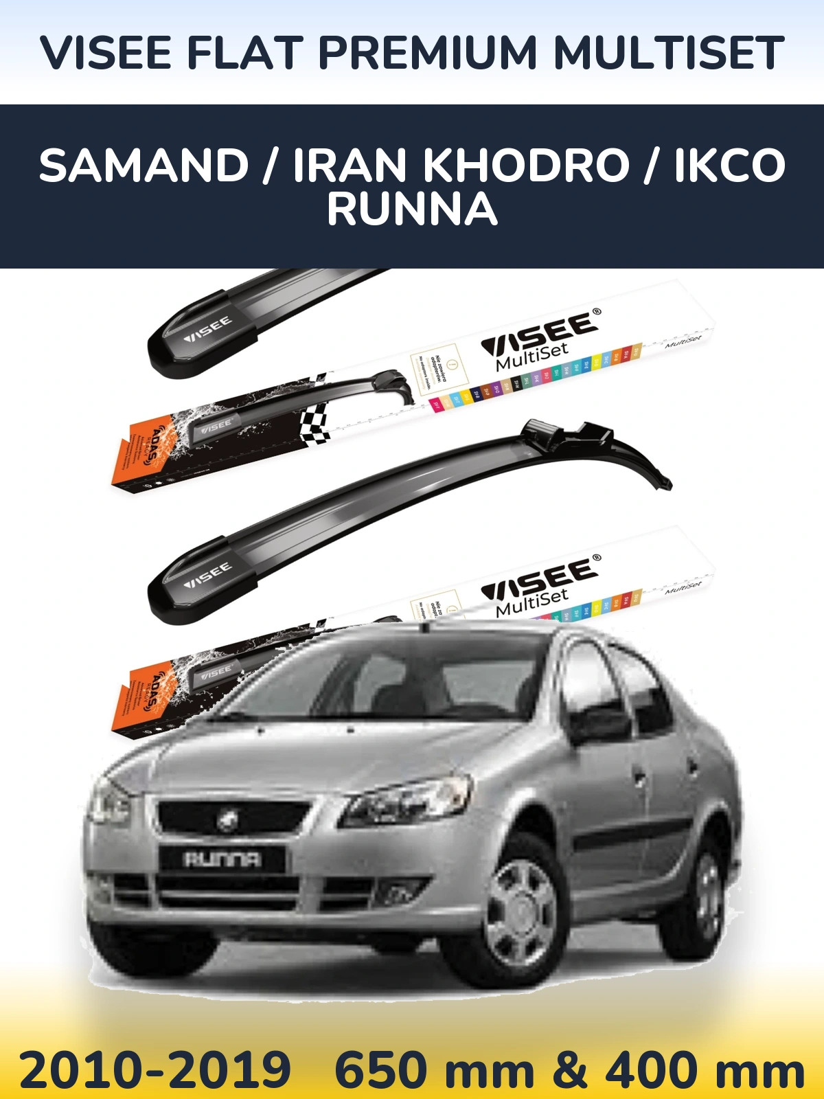 Sada předních stěračů VISEE FLAT PREMIUM MultiSet 650 a 400 mm pro Samand / Iran Khodro / IKCO Runna 2010-2019