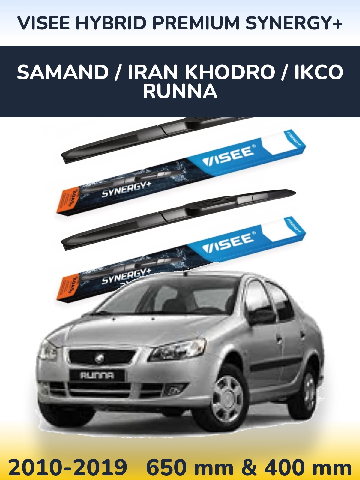 Sada předních stěračů VISEE HYBRID PREMIUM SYNERGY+ 650 a 400 mm pro Samand / Iran Khodro / IKCO Runna 2010-2019