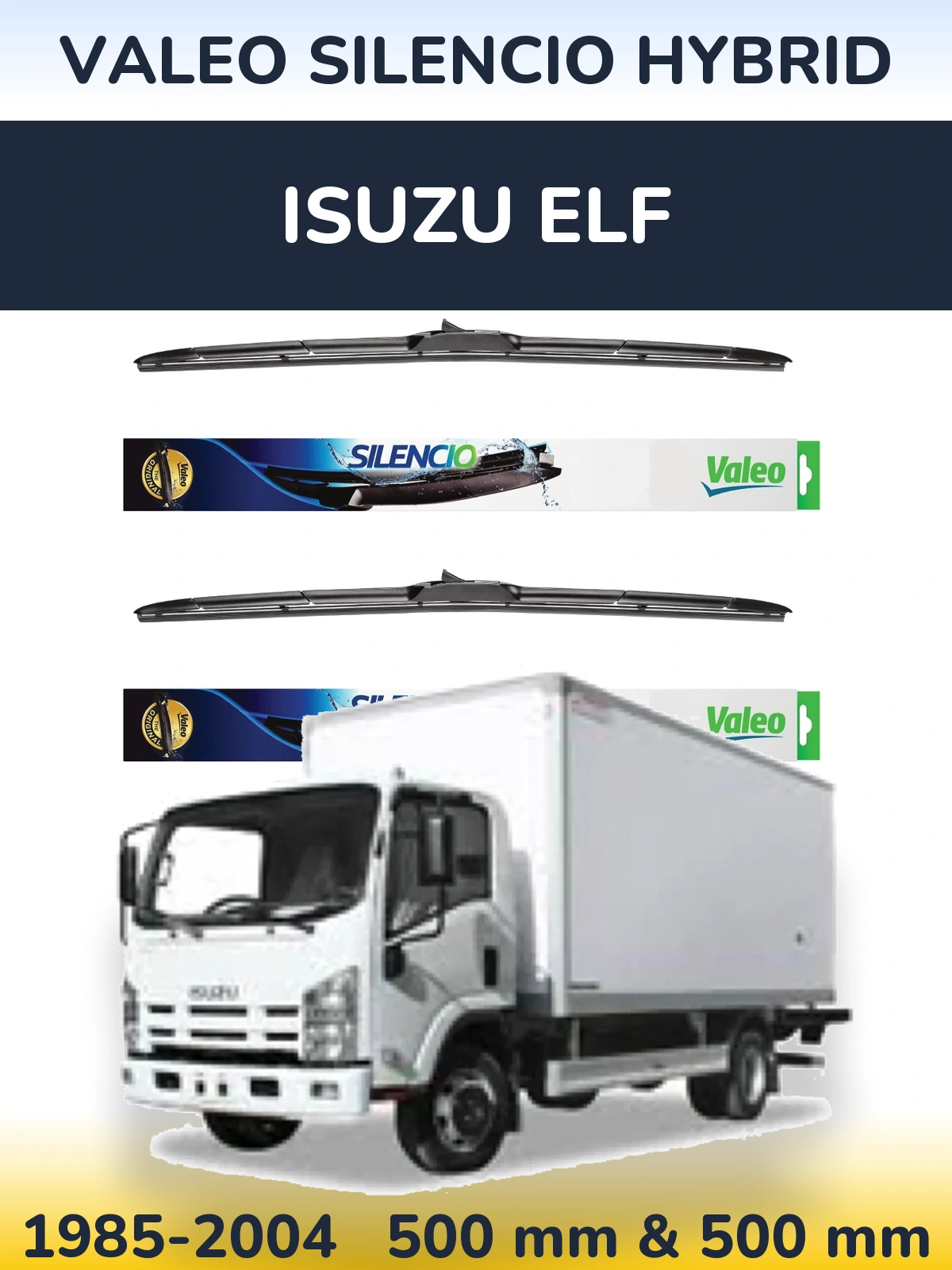 Sada předních stěračů Valeo Silencio Hybrid 500 a 500 mm pro Isuzu ELF 1985-2004