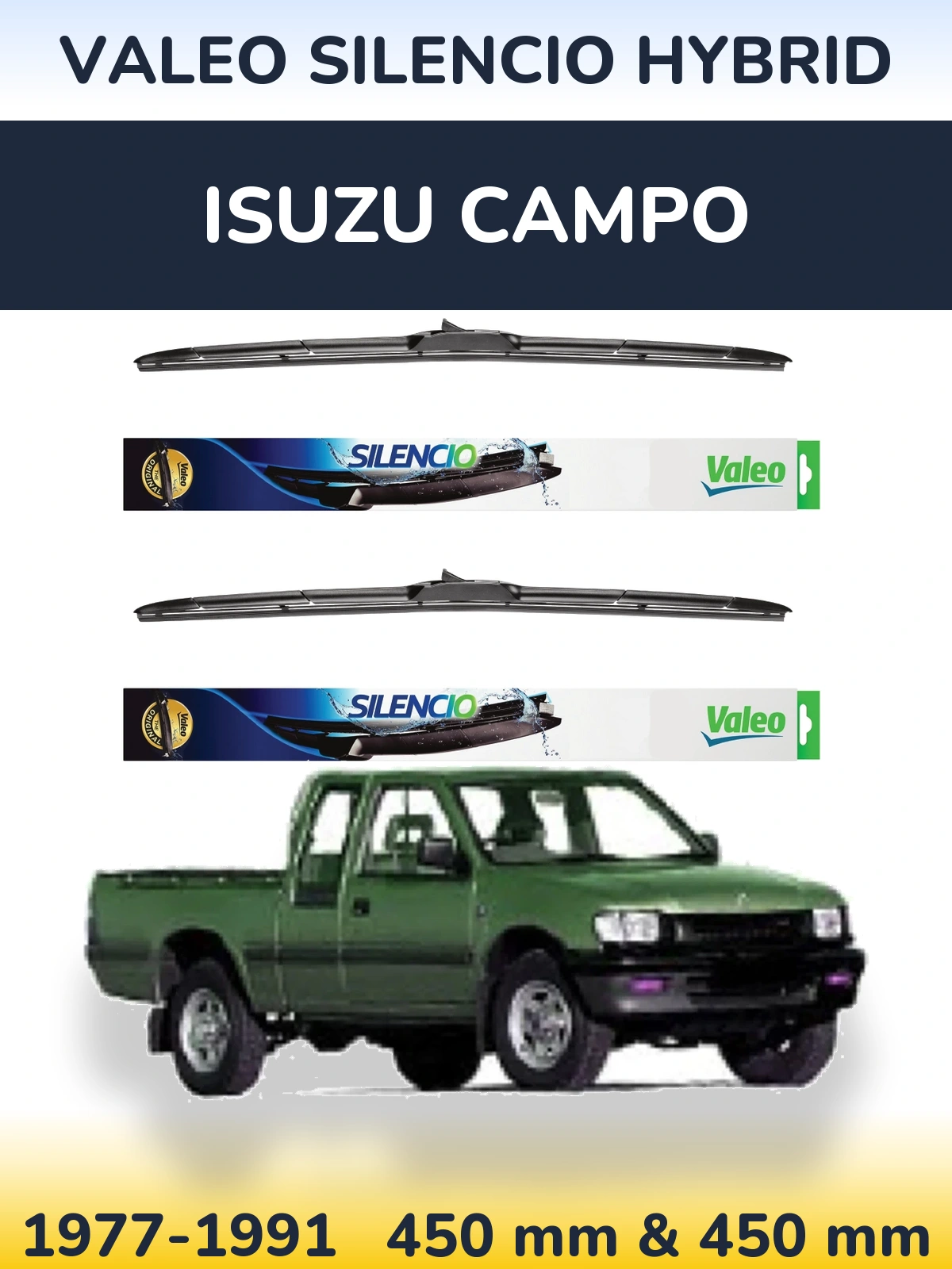Sada předních stěračů Valeo Silencio Hybrid 450 a 450 mm pro Isuzu Campo 1977-1991