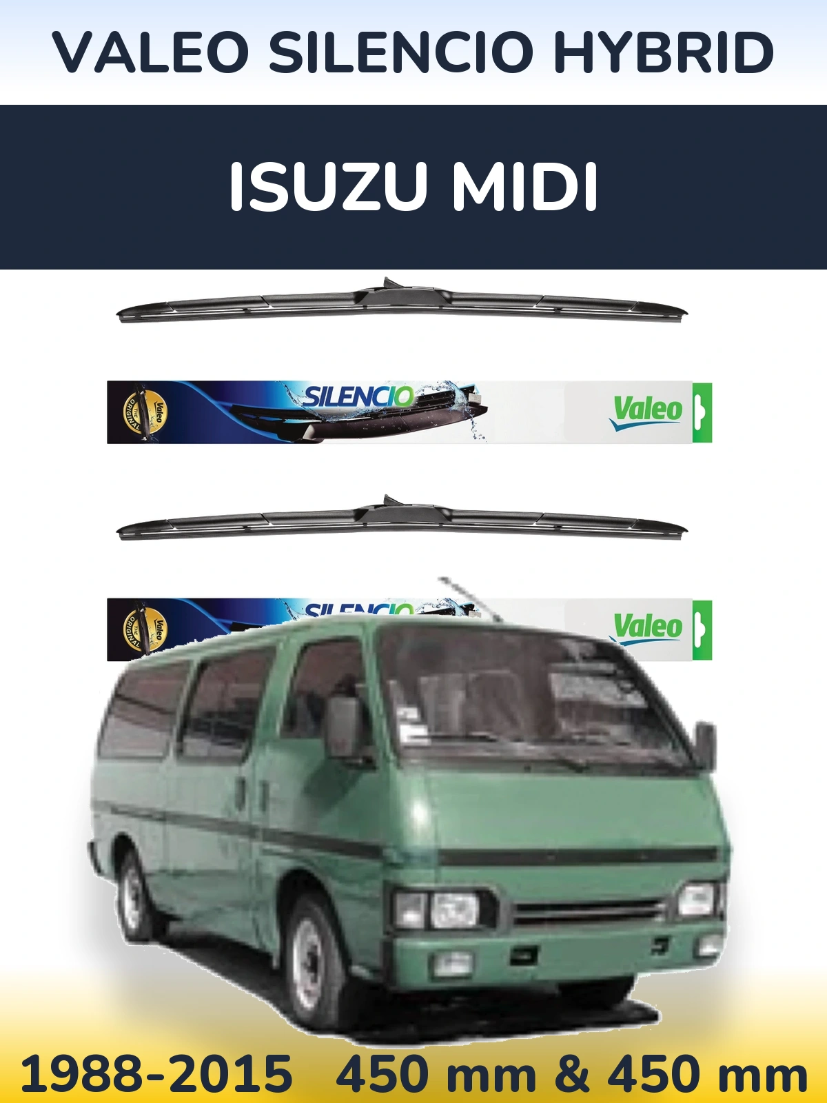 Sada předních stěračů Valeo Silencio Hybrid 450 a 450 mm pro Isuzu Midi 1988-2015