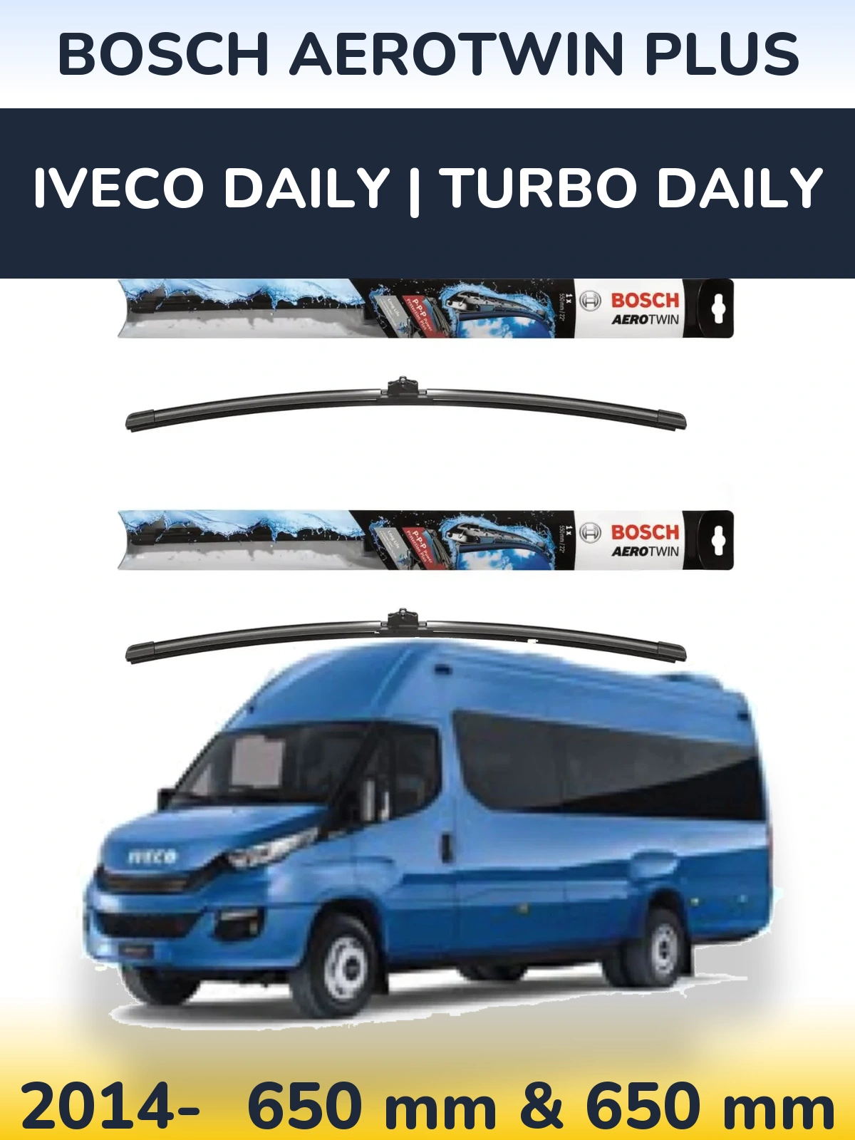 Sada předních stěračů BOSCH AeroTwin Plus 650 a 650 mm pro Iveco Daily | Turbo Daily 2014-2026