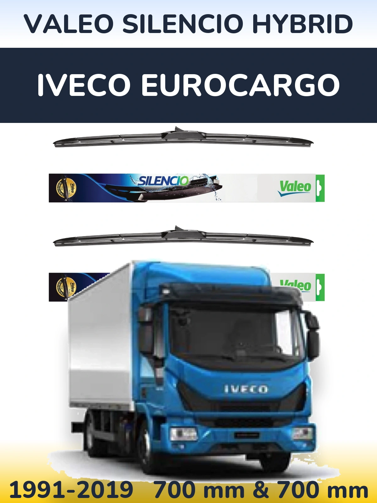 Sada předních stěračů Valeo Silencio Hybrid 700 a 700 mm pro Iveco EuroCargo 1991-2019