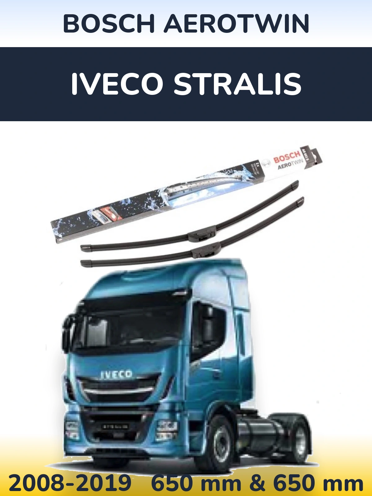 Sada předních stěračů BOSCH AeroTwin 650 a 650 mm pro Iveco Stralis 2008-2019