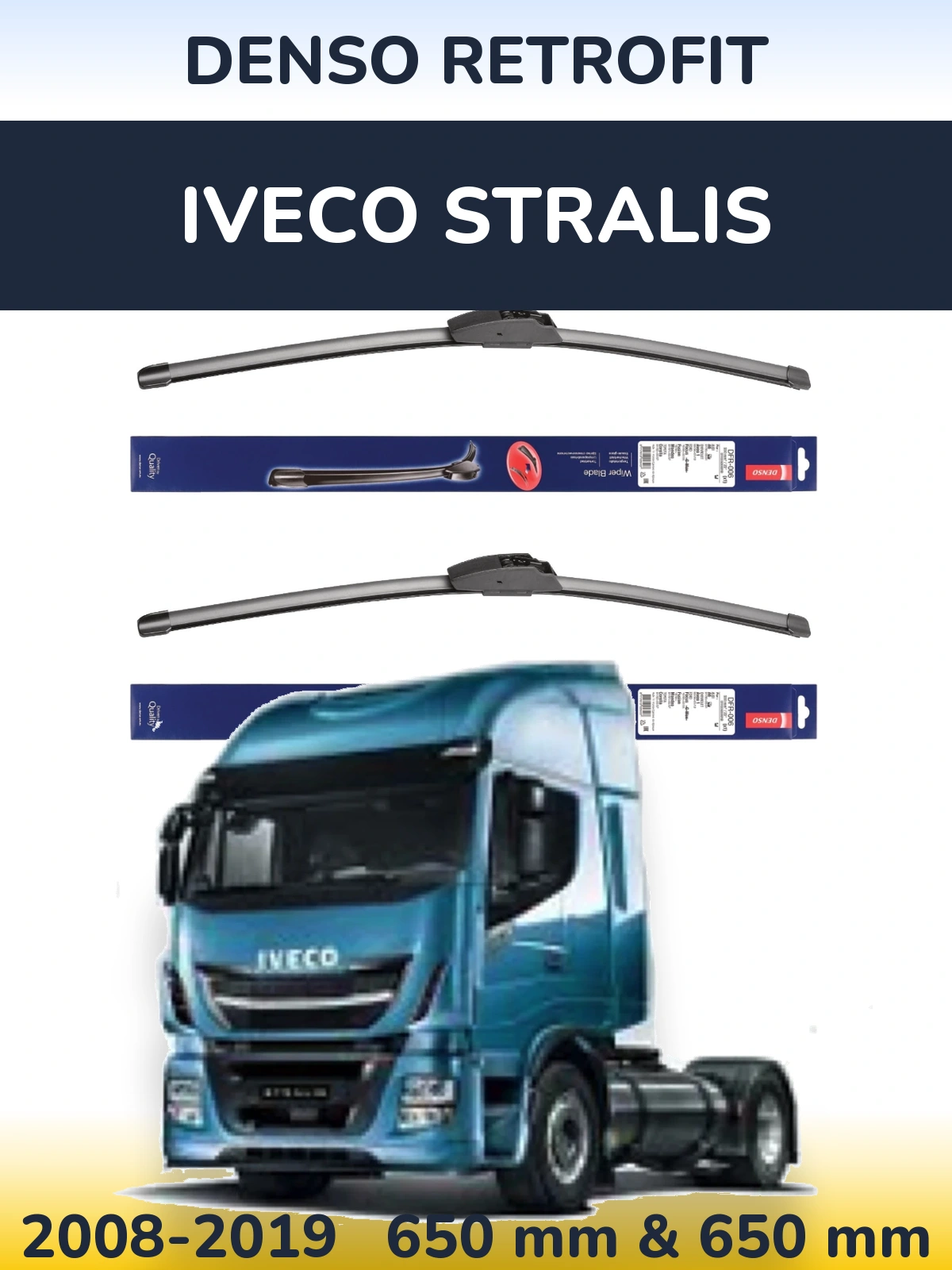 Sada předních stěračů Denso Retrofit 650 a 650 mm pro Iveco Stralis 2008-2019