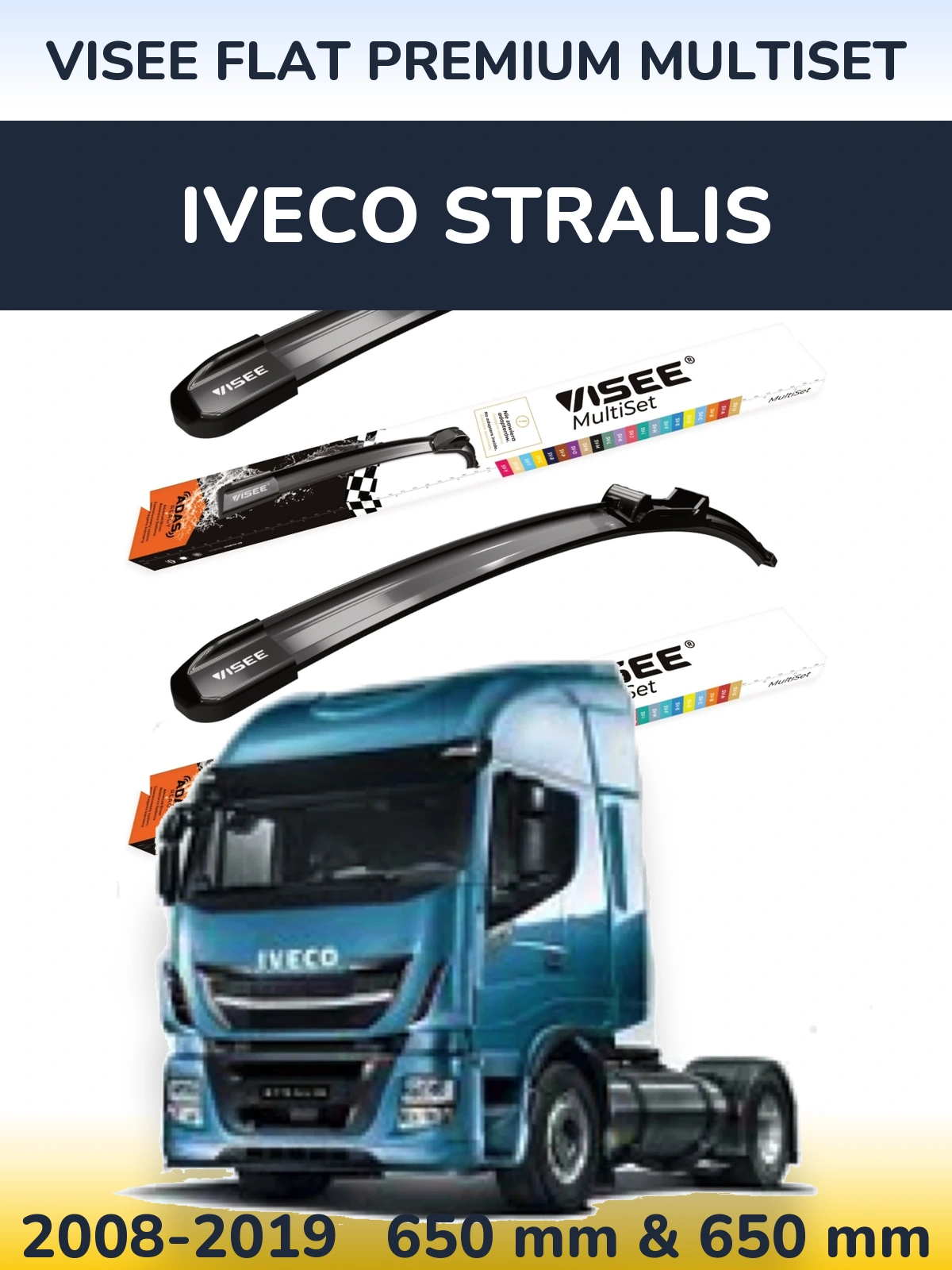Sada předních stěračů VISEE FLAT PREMIUM MultiSet 650 a 650 mm pro Iveco Stralis 2008-2019