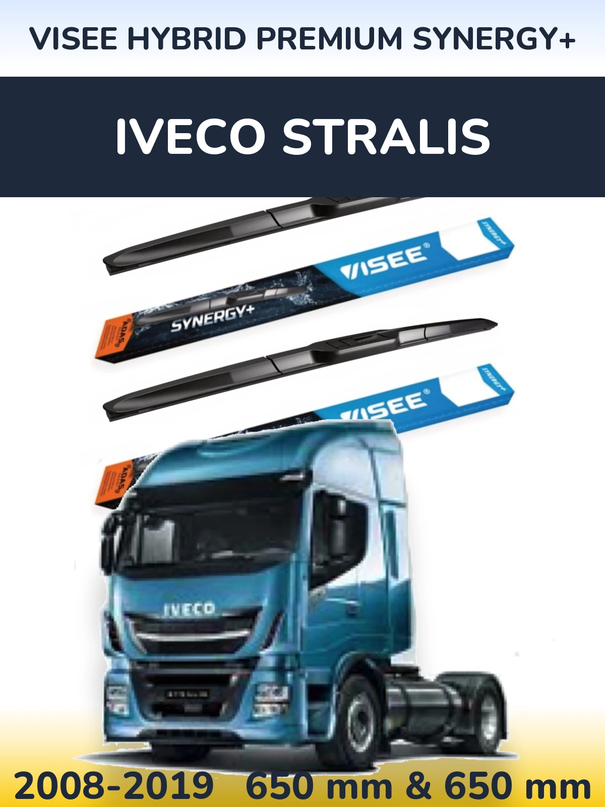Sada předních stěračů VISEE HYBRID PREMIUM SYNERGY+ 650 a 650 mm pro Iveco Stralis 2008-2019