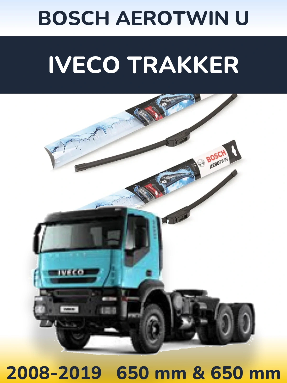 Sada předních stěračů BOSCH AeroTwin U 650 a 650 mm pro Iveco Trakker 2008-2019