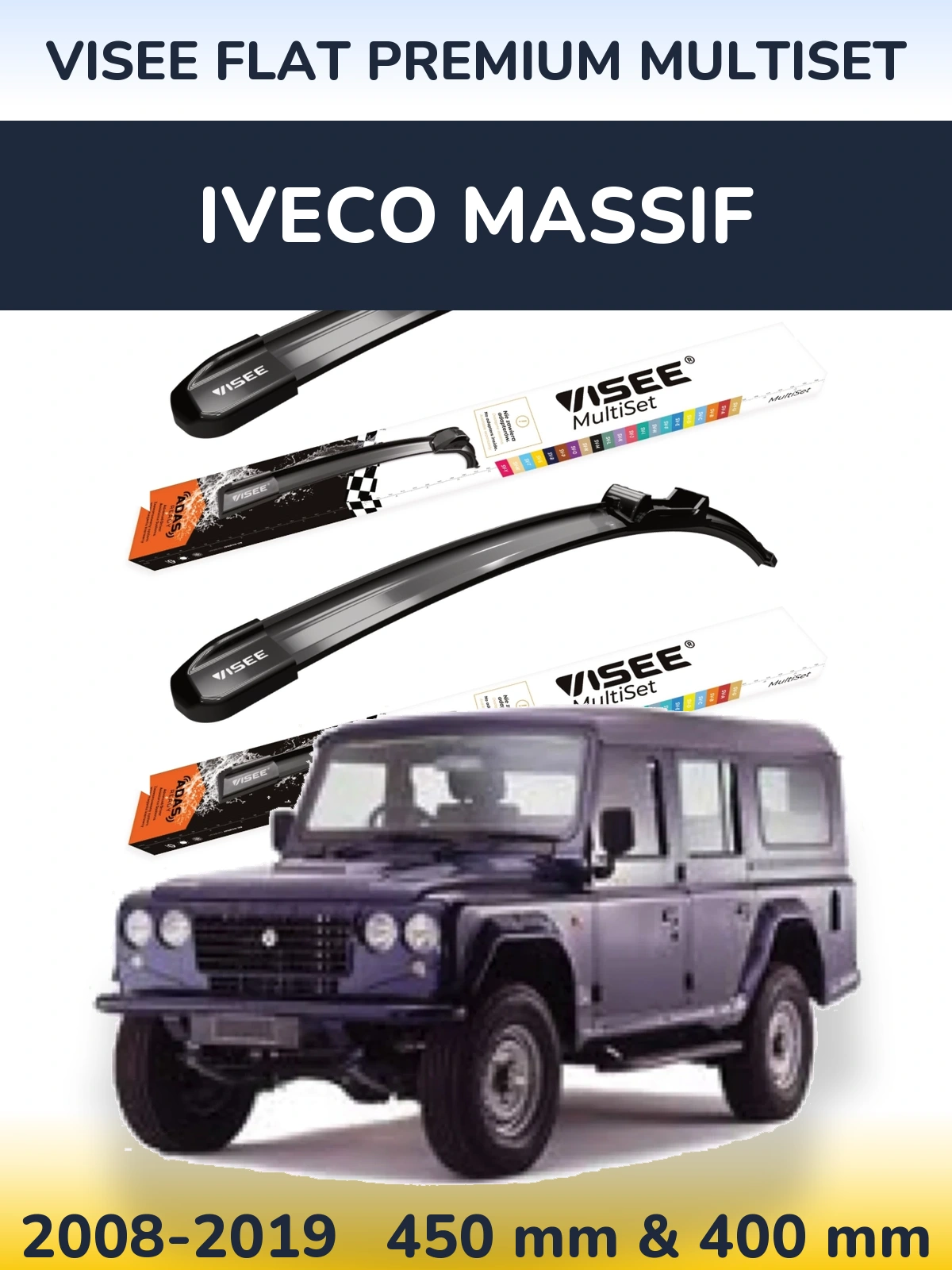 Sada předních stěračů VISEE FLAT PREMIUM MultiSet 450 a 400 mm pro Iveco Massif 2008-2019
