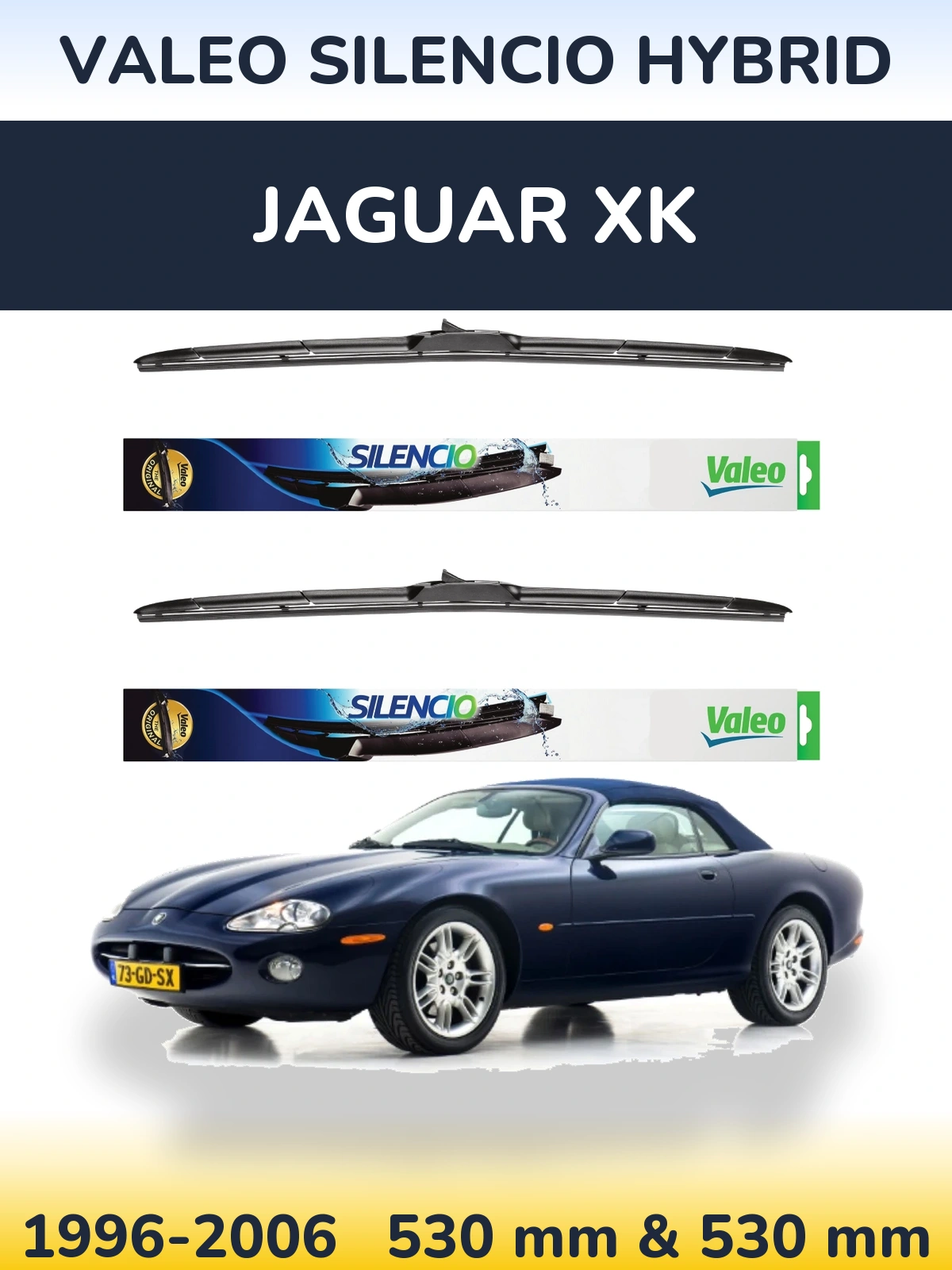 Sada předních stěračů Valeo Silencio Hybrid 530 a 530 mm pro Jaguar XK 1996-2006
