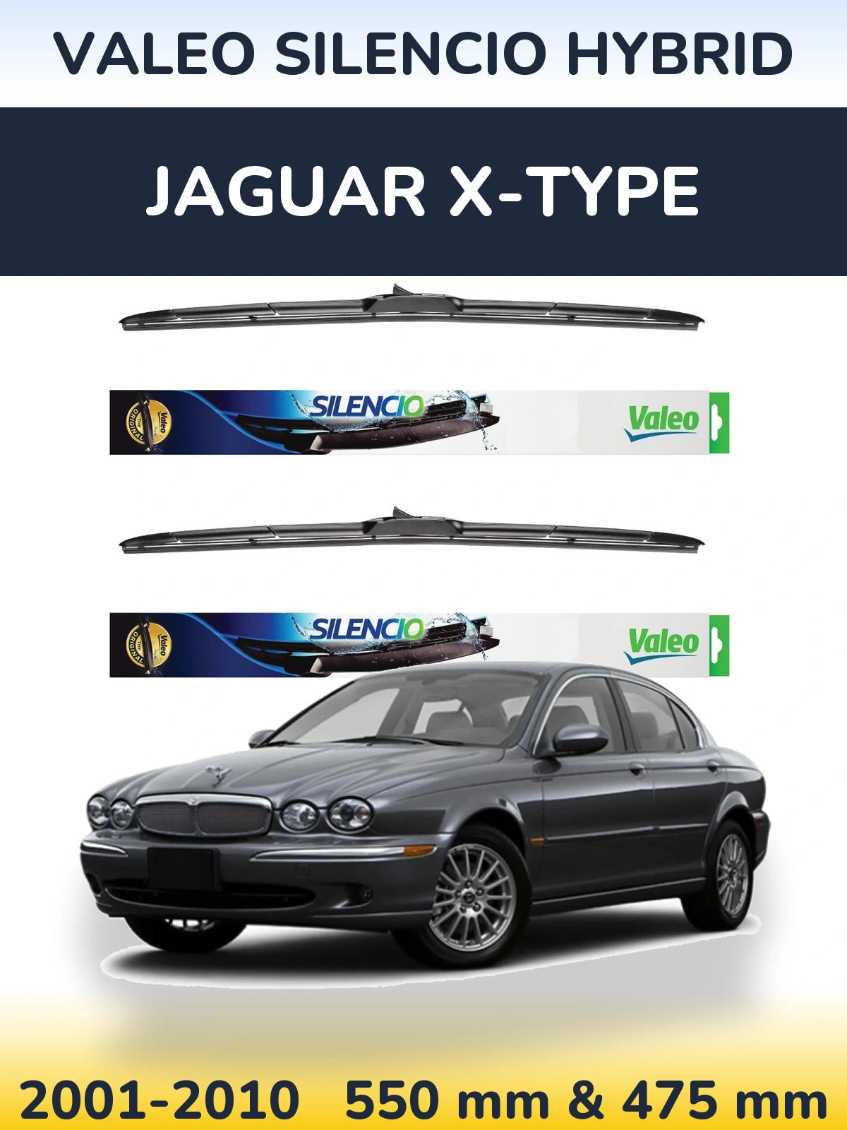Sada předních stěračů Valeo Silencio Hybrid 550 a 475 mm pro Jaguar X-Type 2001-2010