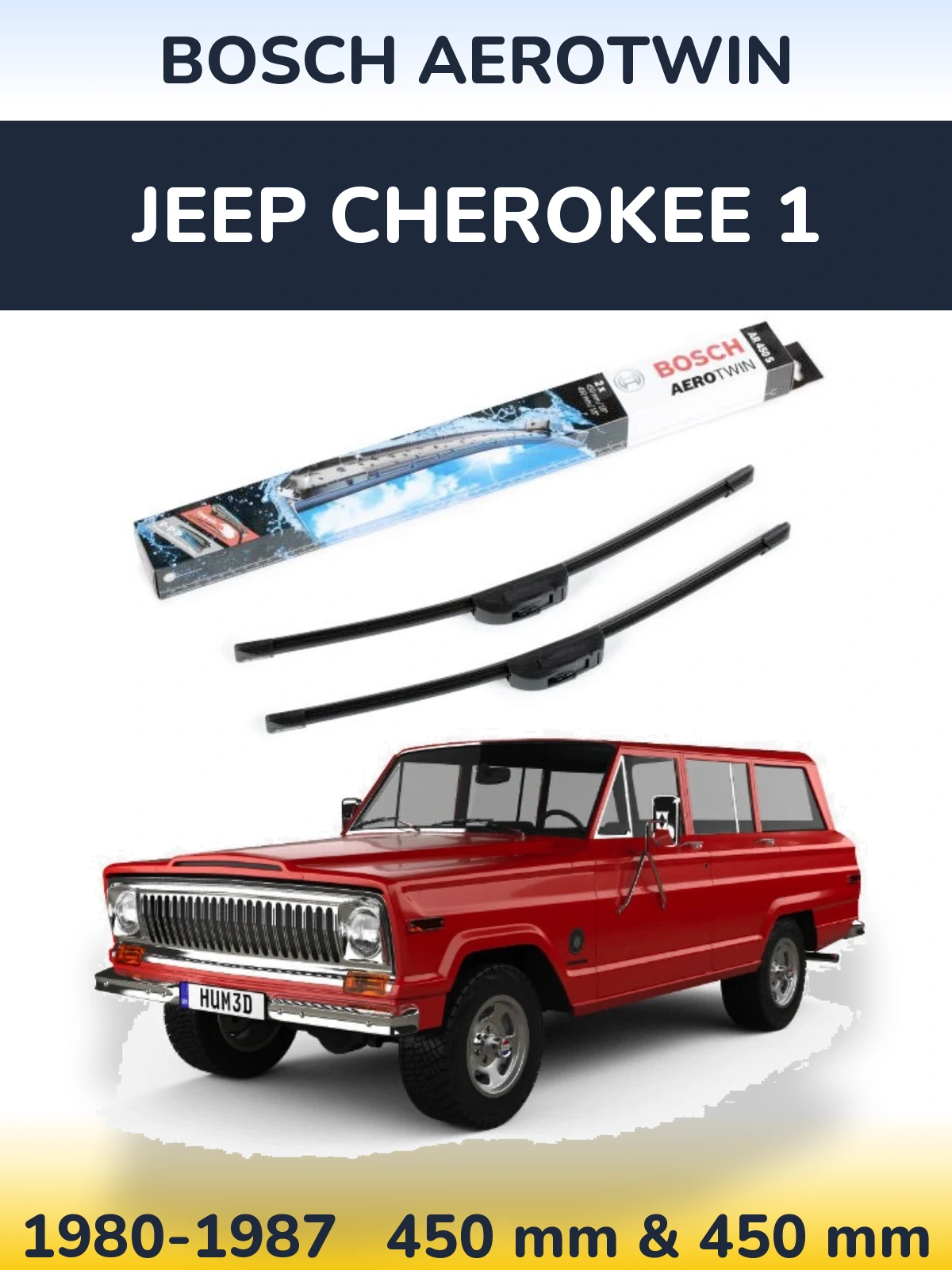 Sada předních stěračů BOSCH AeroTwin 450 a 450 mm pro Jeep Cherokee 1 1980-1987