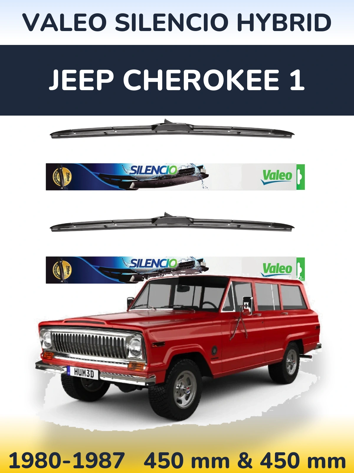 Sada předních stěračů Valeo Silencio Hybrid 450 a 450 mm pro Jeep Cherokee 1 1980-1987