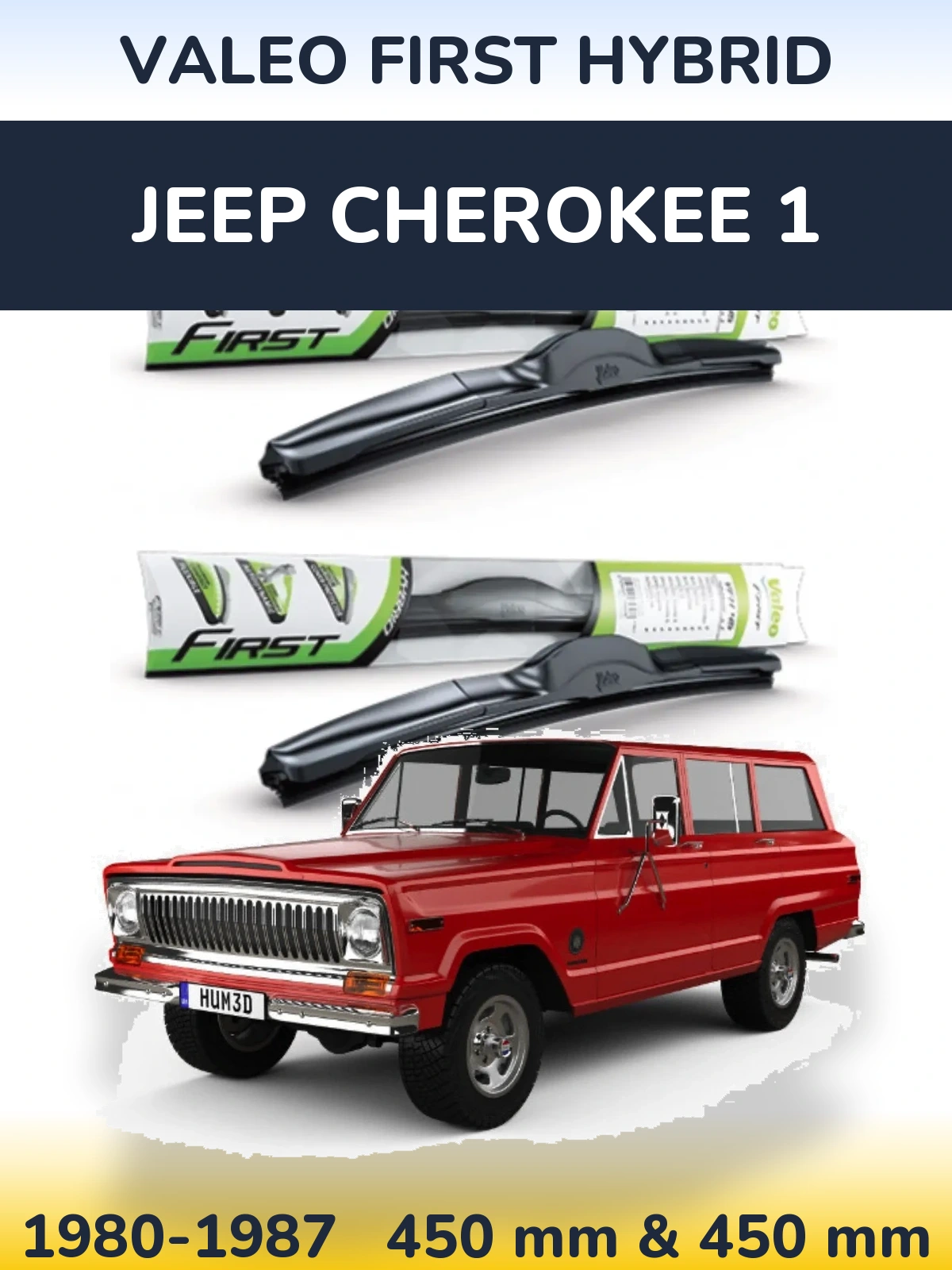 Sada předních stěračů Valeo First Hybrid 450 a 450 mm pro Jeep Cherokee 1 1980-1987
