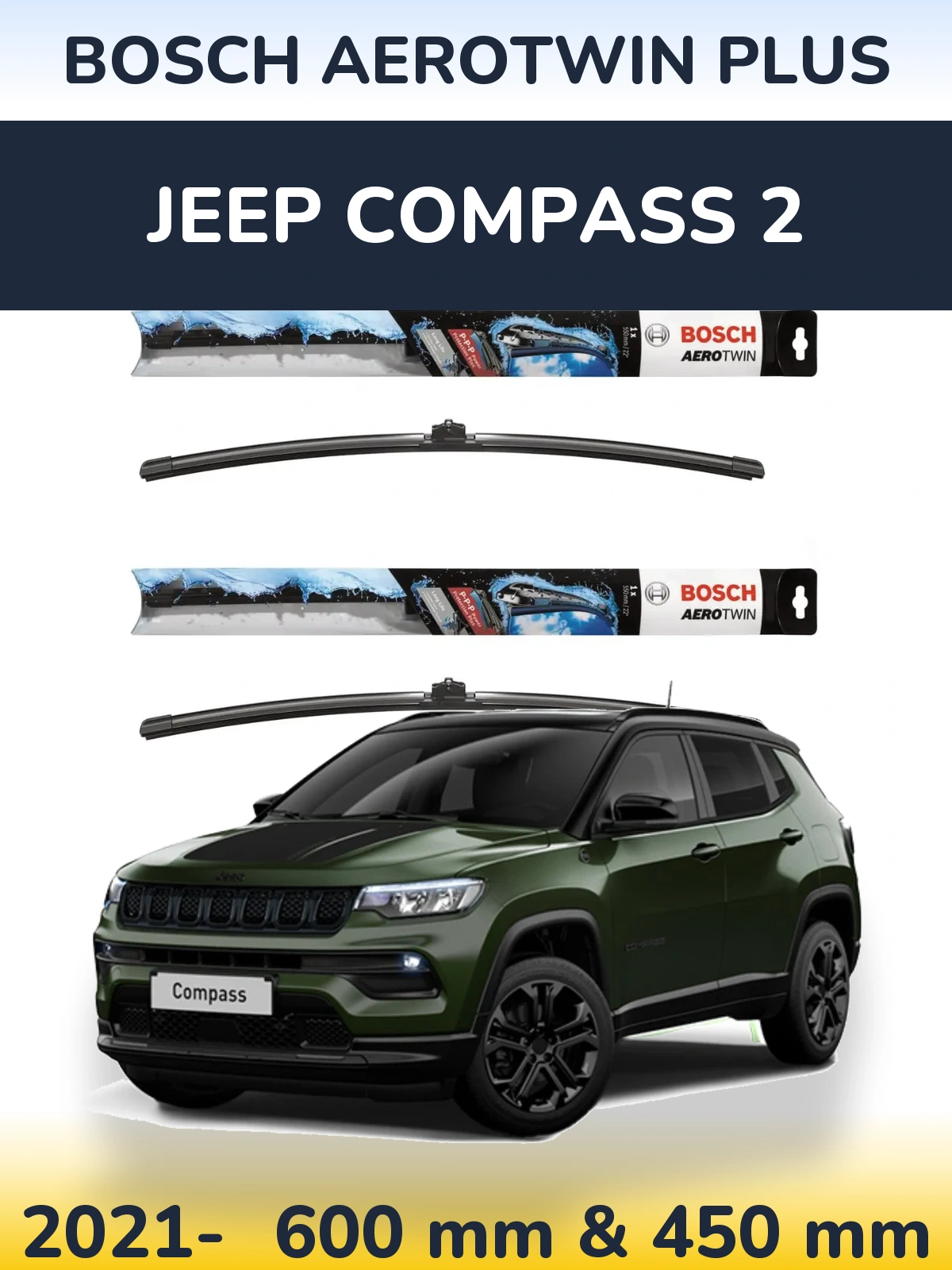 Комплект передніх щіток BOSCH AeroTwin Plus 600 & 450 мм для Jeep Compass 2 2021-2026