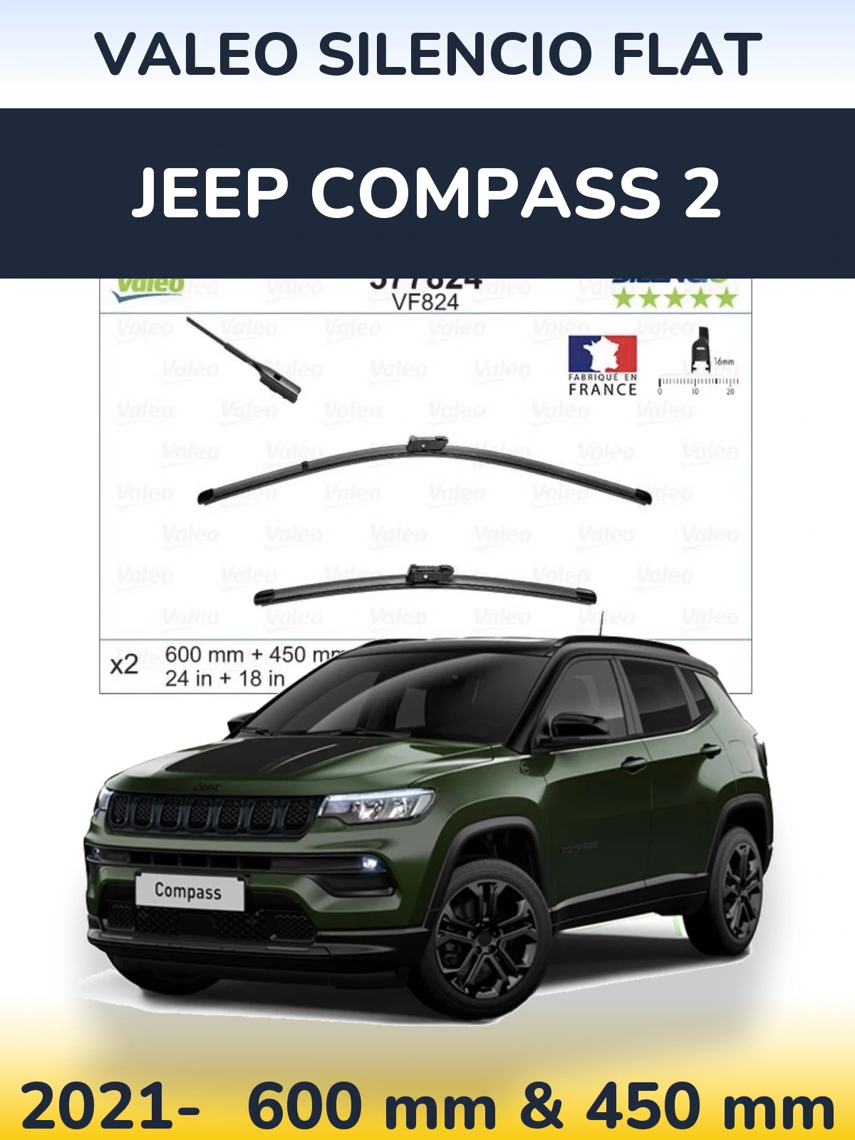 Комплект передніх щіток Valeo Silencio Flat 600 & 450 мм для Jeep Compass 2 2021-2026