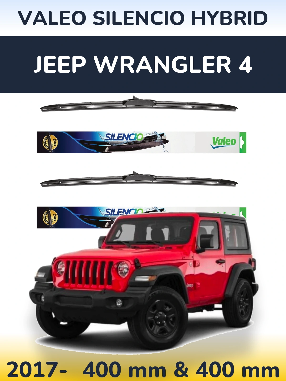 Sada předních stěračů Valeo Silencio Hybrid 400 a 400 mm pro Jeep Wrangler 4 2017-2026