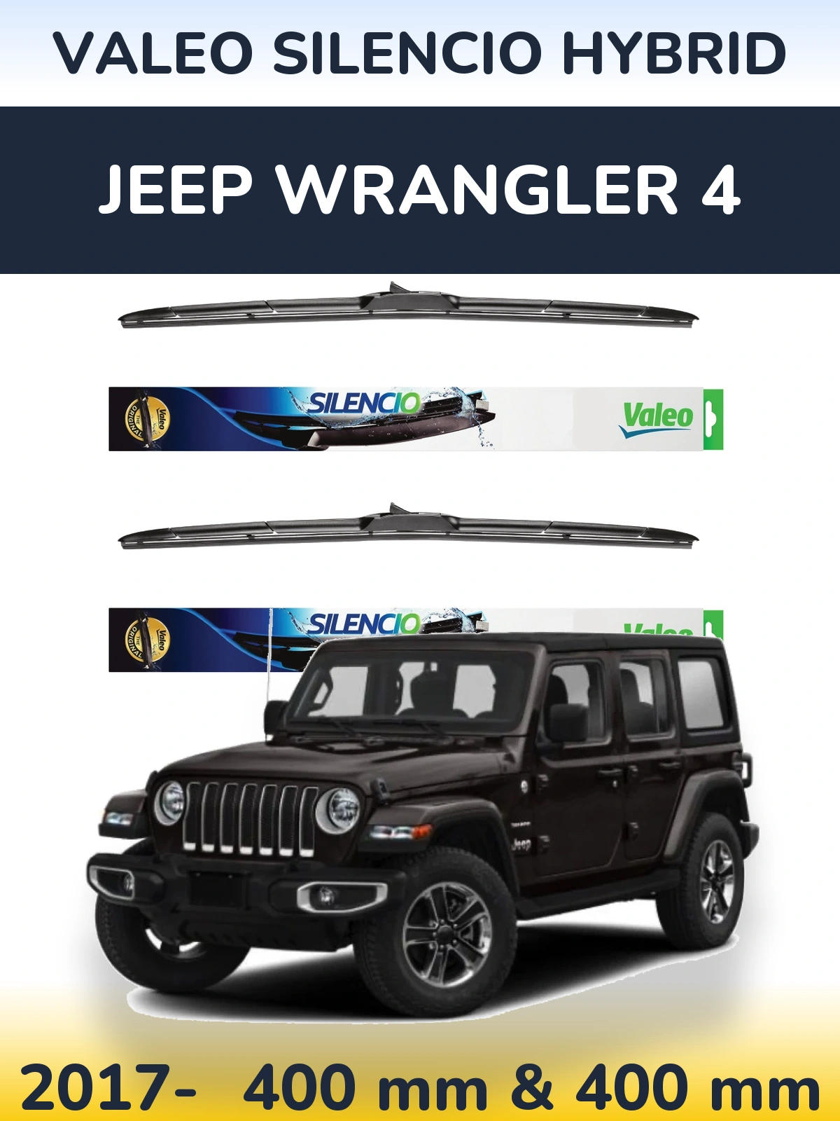 Sada předních stěračů Valeo Silencio Hybrid 400 a 400 mm pro Jeep Wrangler 4 2017-2026