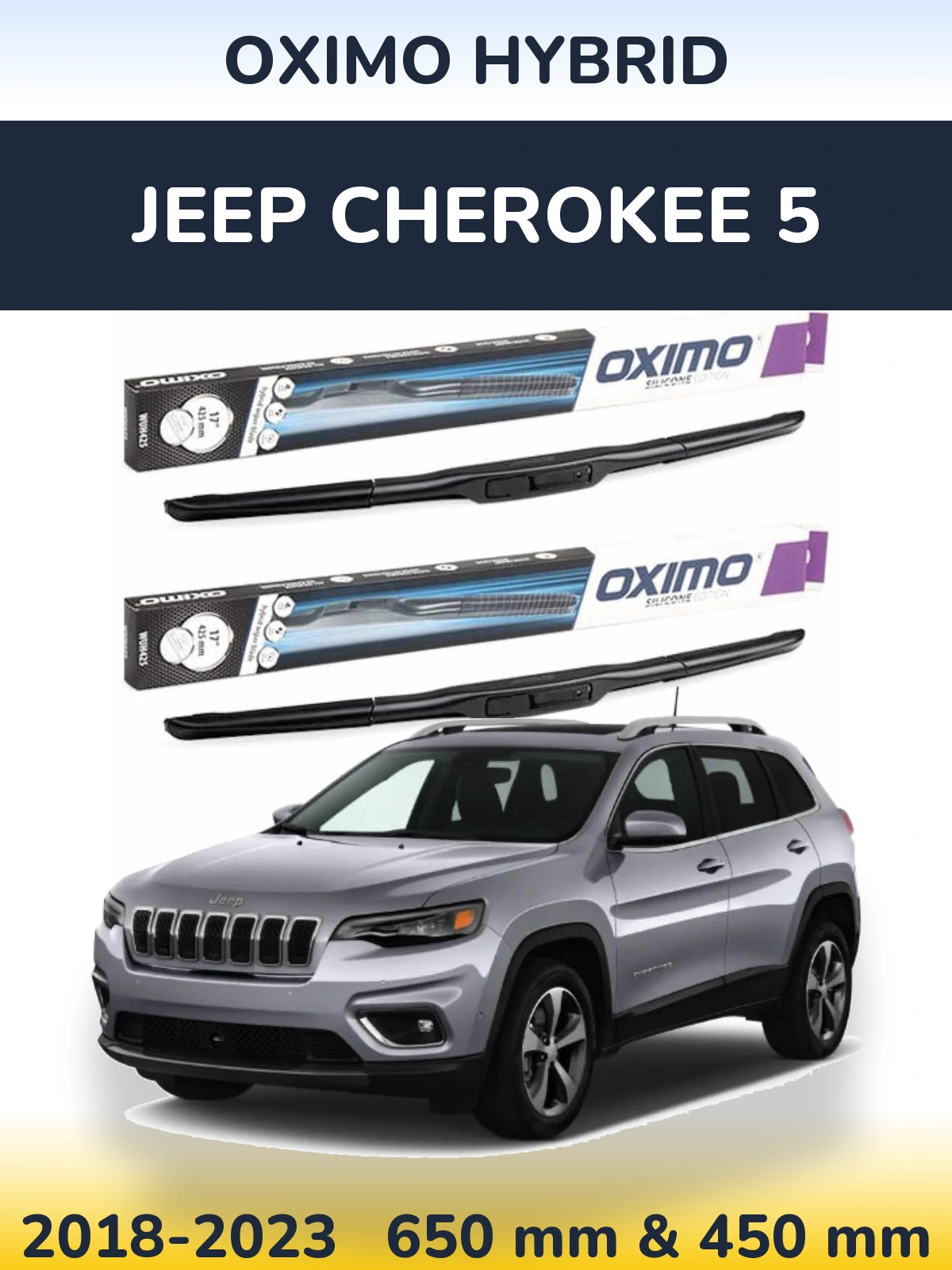 Sada předních stěračů Oximo Hybrid 650 a 450 mm pro Jeep Cherokee 5 2018-2023