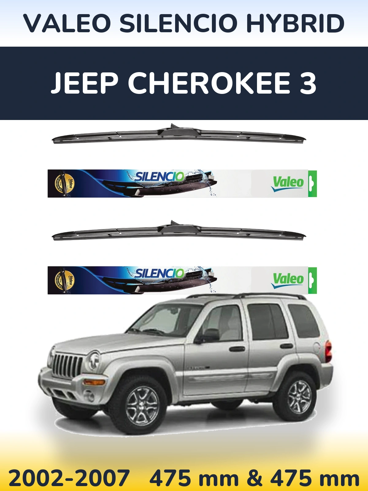 Sada předních stěračů Valeo Silencio Hybrid 475 a 475 mm pro Jeep Cherokee 3 2002-2007