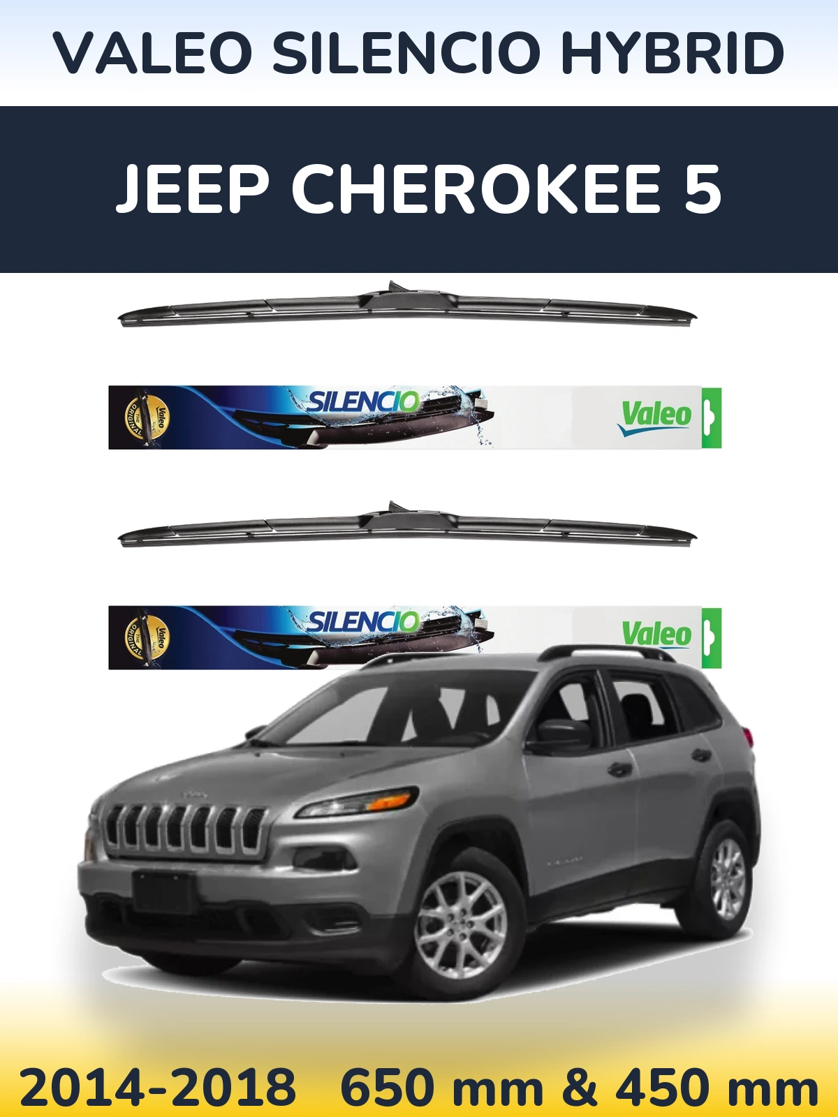 Sada předních stěračů Valeo Silencio Hybrid 650 a 450 mm pro Jeep Cherokee 5 2014-2018