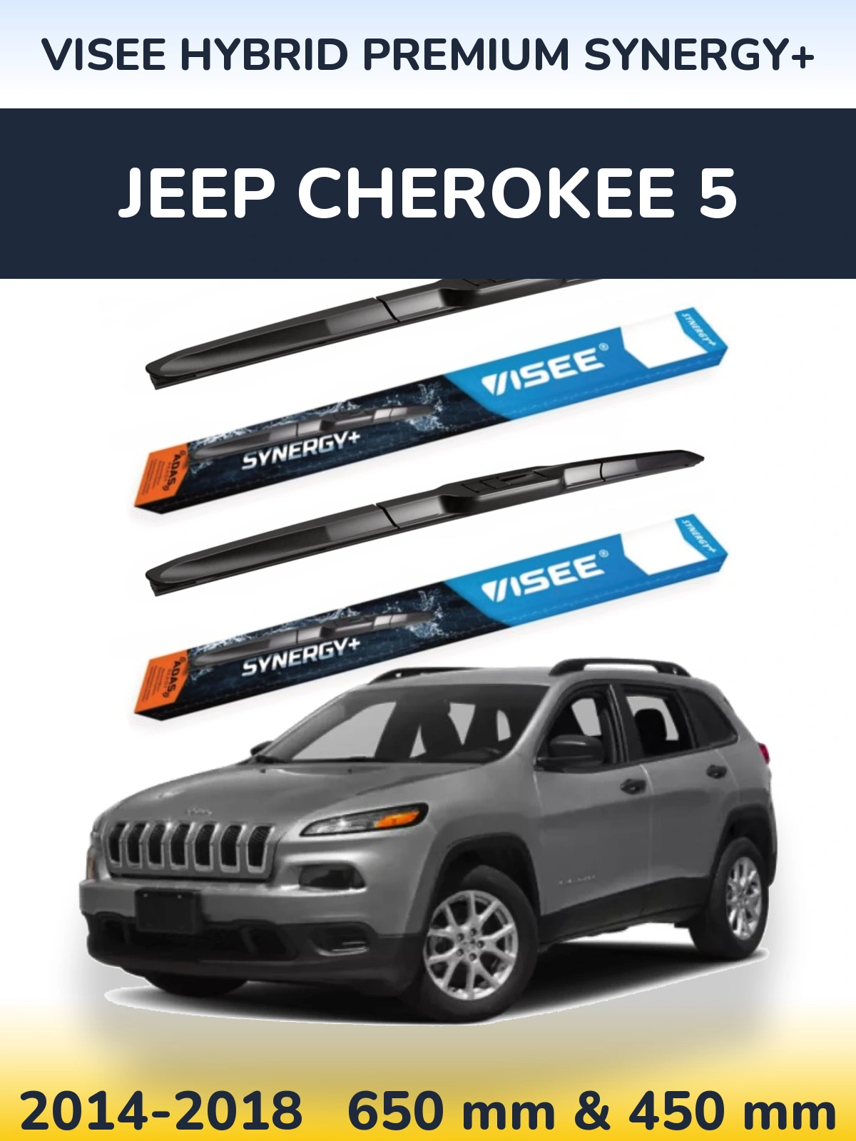 Sada předních stěračů VISEE HYBRID PREMIUM SYNERGY+ 650 a 450 mm pro Jeep Cherokee 5 2014-2018