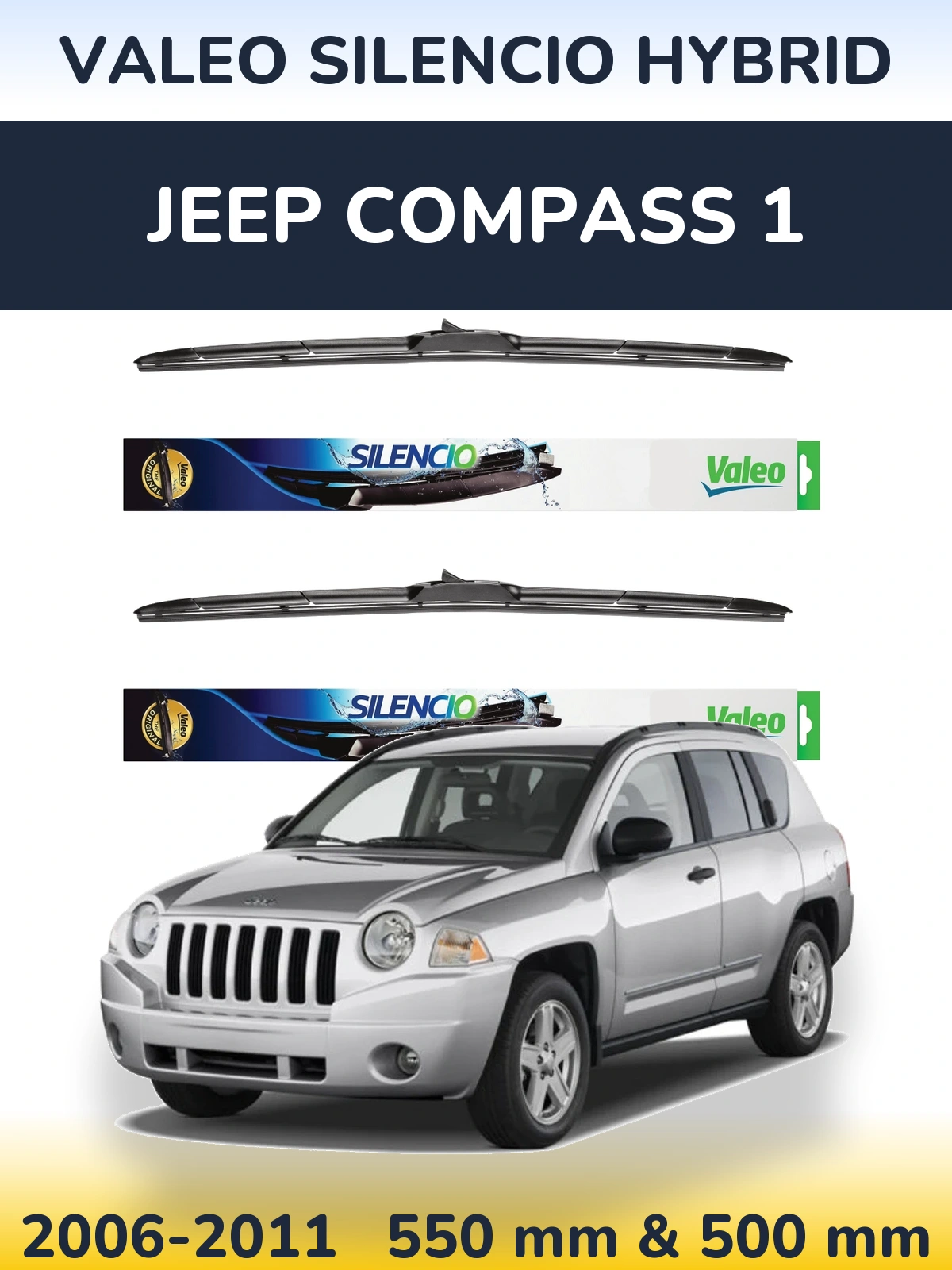 Sada předních stěračů Valeo Silencio Hybrid 550 a 500 mm pro Jeep Compass 1 2006-2011