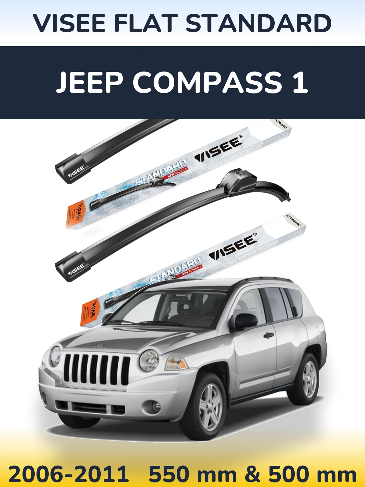 Sada předních stěračů VISEE FLAT STANDARD 550 a 500 mm pro Jeep Compass 1 2006-2011