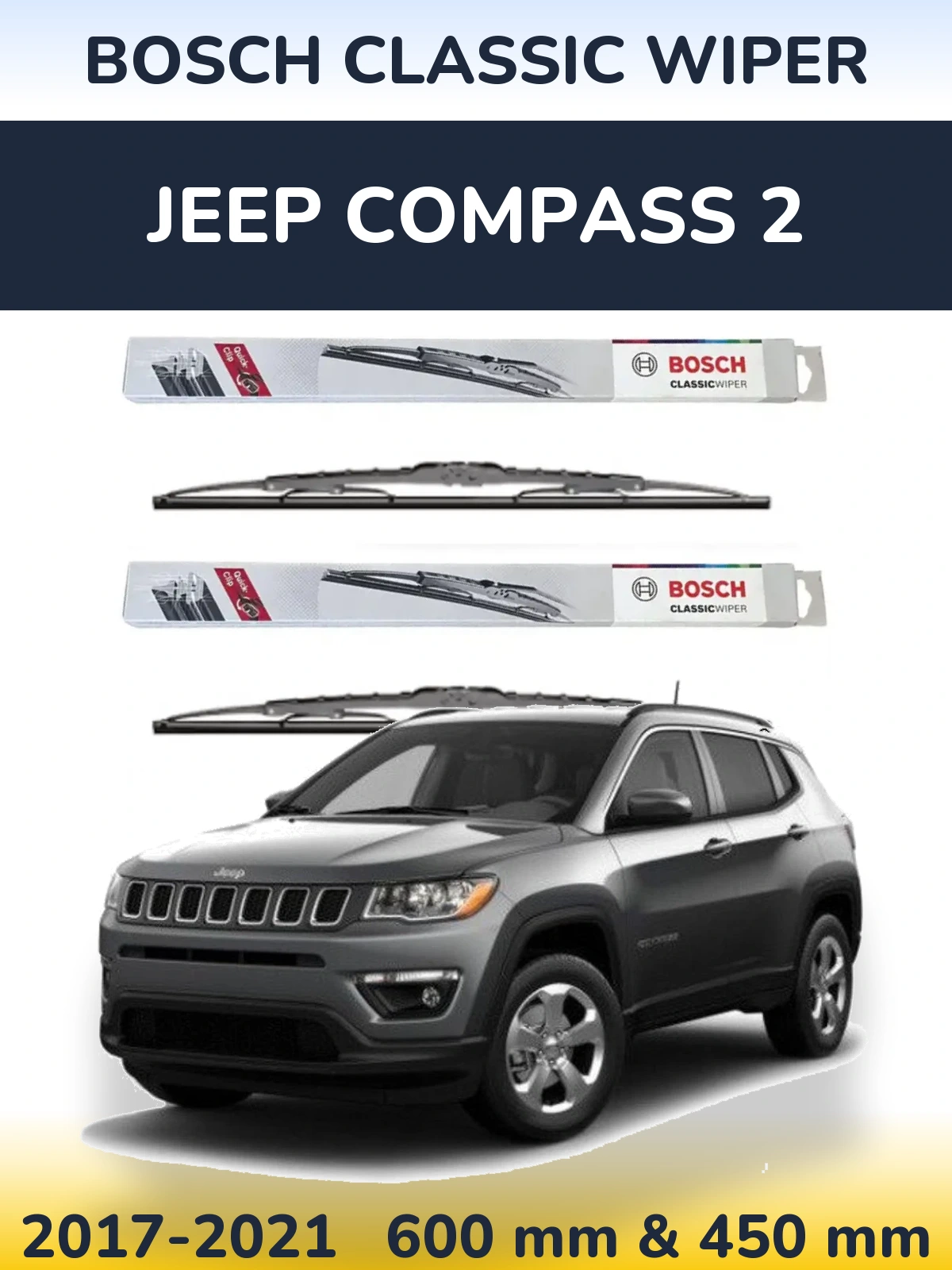 Sada předních stěračů BOSCH Classic Wiper 600 a 450 mm pro Jeep Compass 2 2017-2021