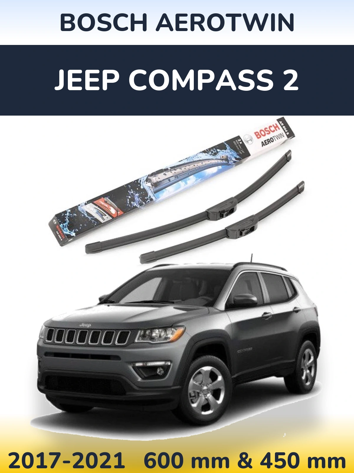 Sada předních stěračů BOSCH AeroTwin 600 a 450 mm pro Jeep Compass 2 2017-2021