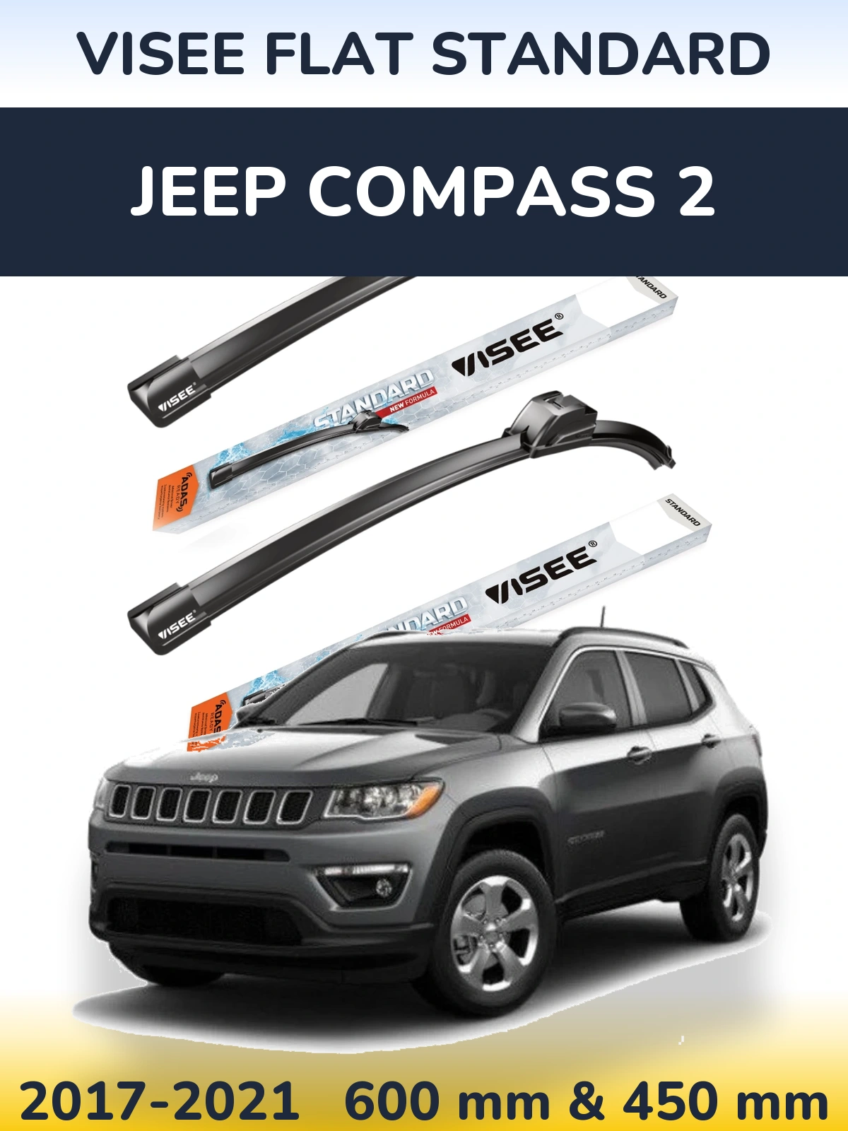 Sada předních stěračů VISEE FLAT STANDARD 600 a 450 mm pro Jeep Compass 2 2017-2021